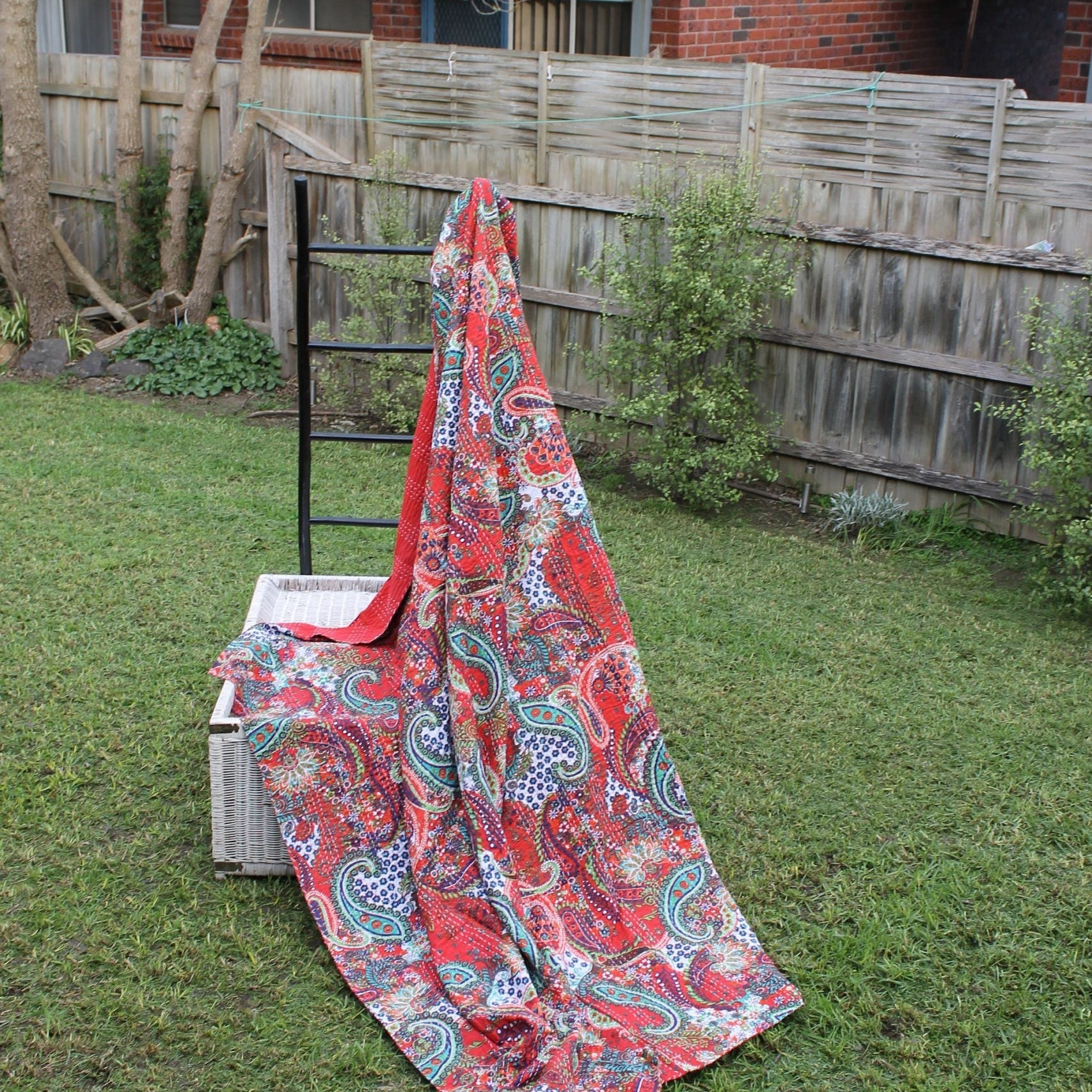 Boho Kantha Quilt - Red Gardens, Handcrafted Design