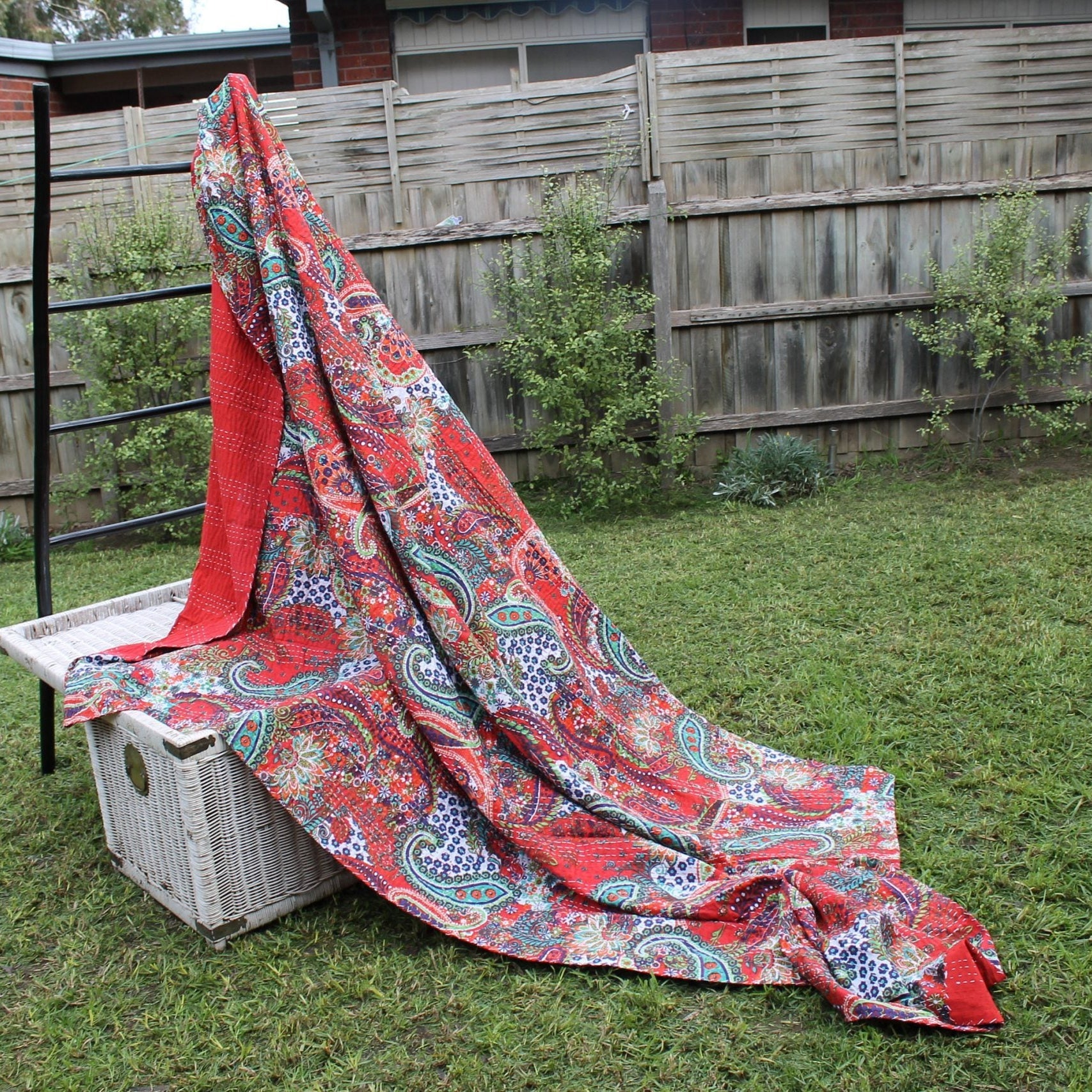 Boho Kantha Quilt - Red Gardens, Handcrafted Design