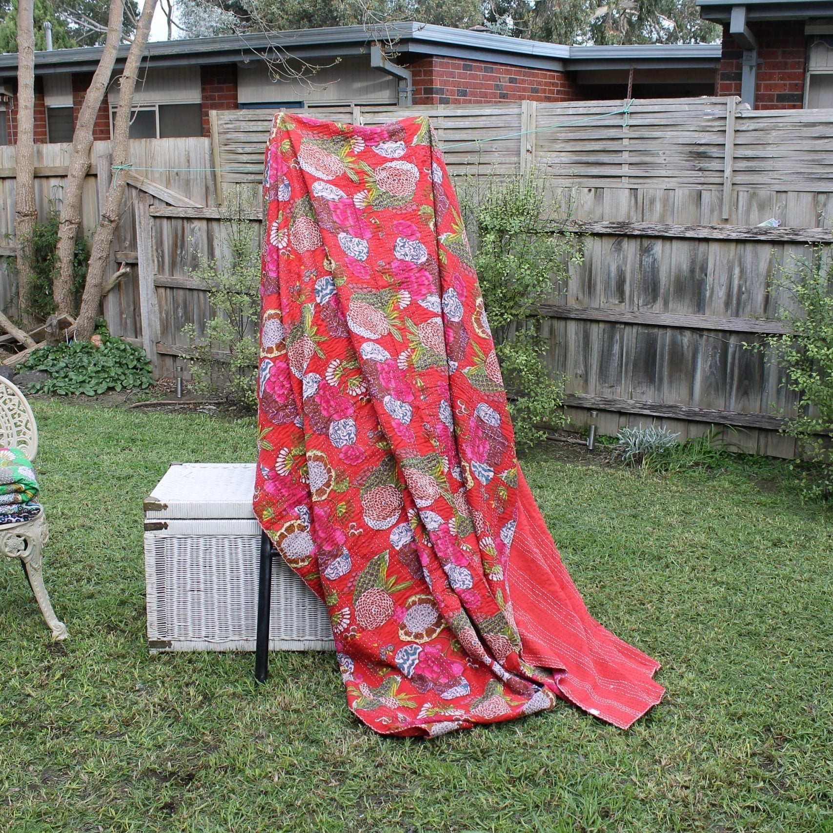 Red Blossom Handmade Kantha Quilt - Boho Style