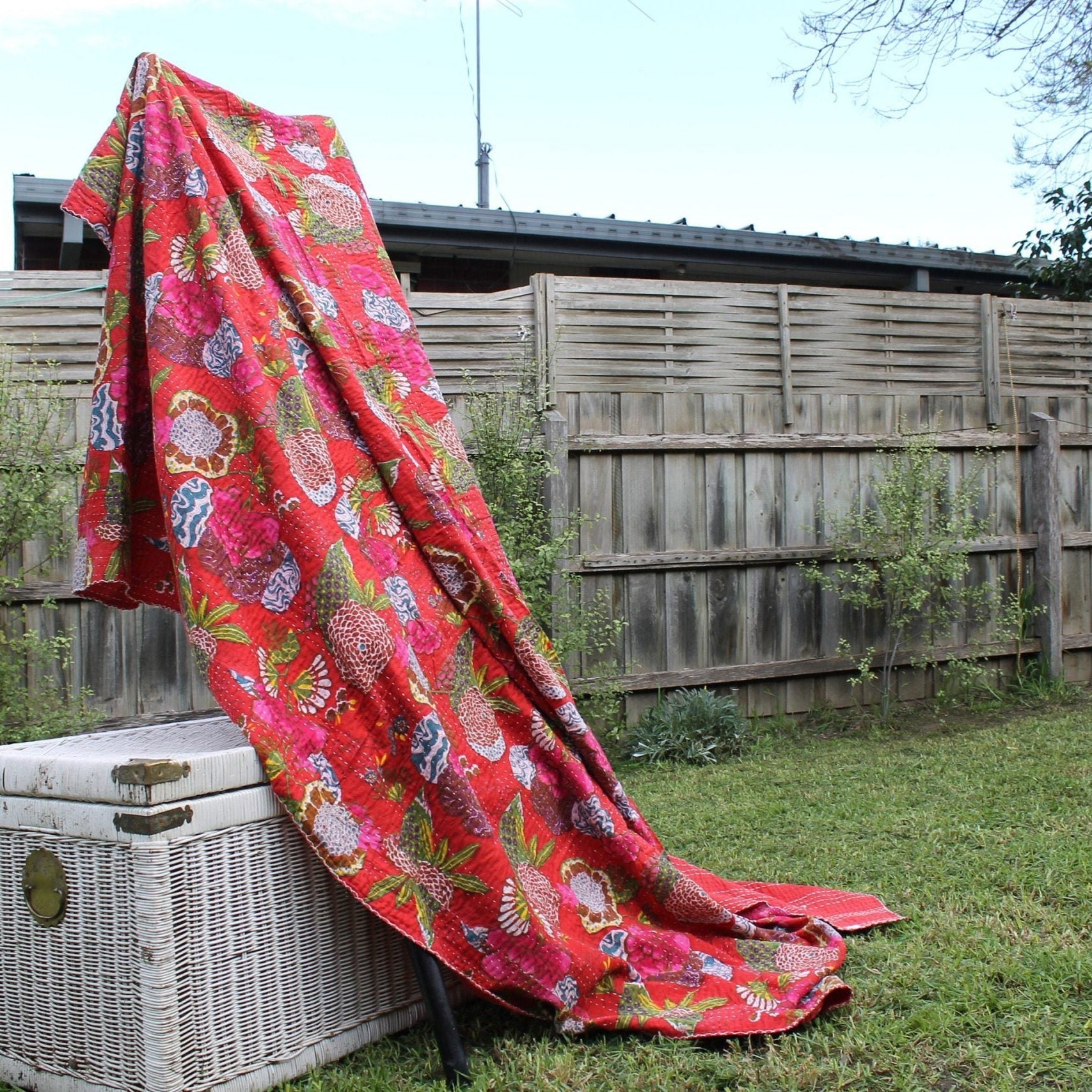 Red Blossom Handmade Kantha Quilt - Boho Style