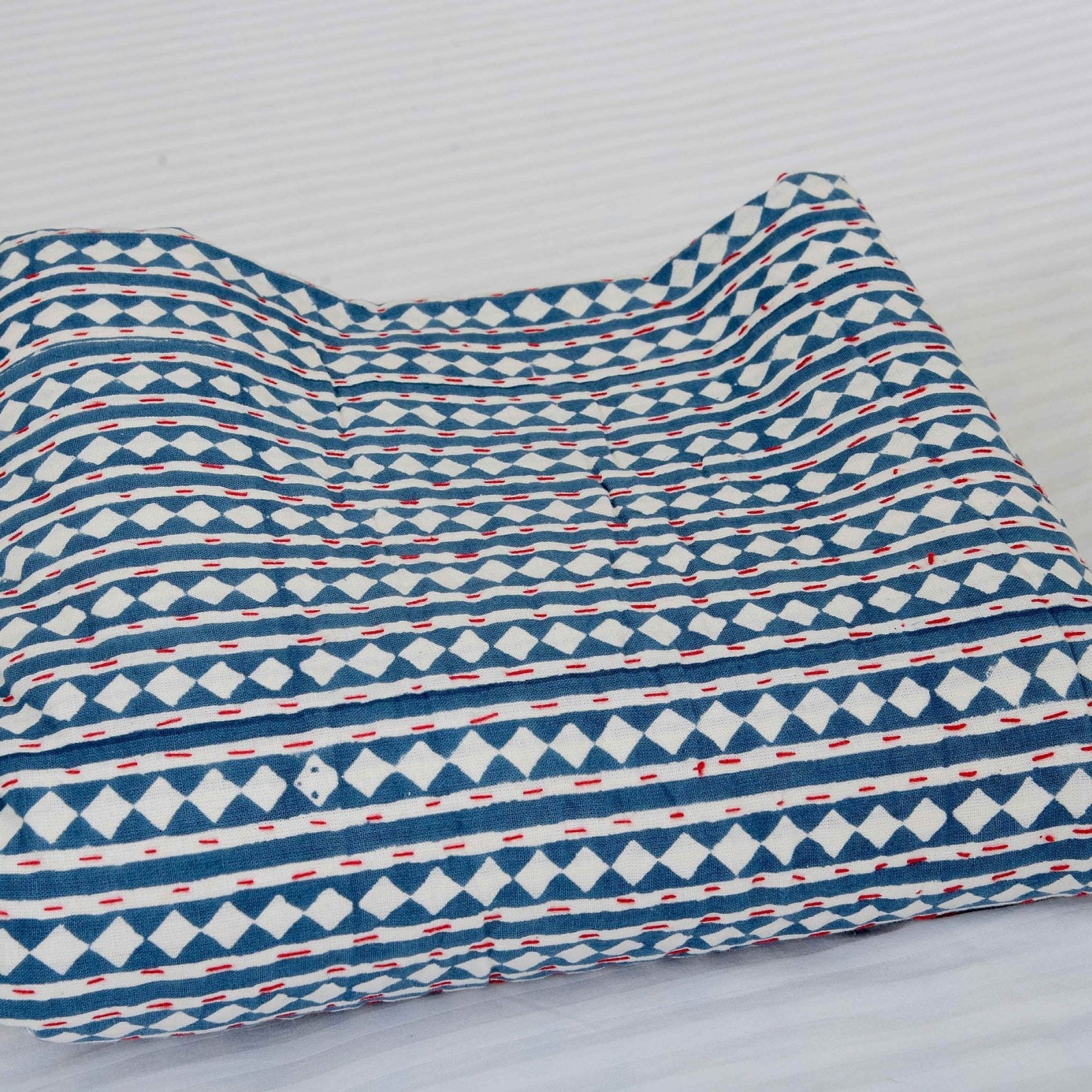 White Blues Boho Indian Kantha Quilt - Cool Hues