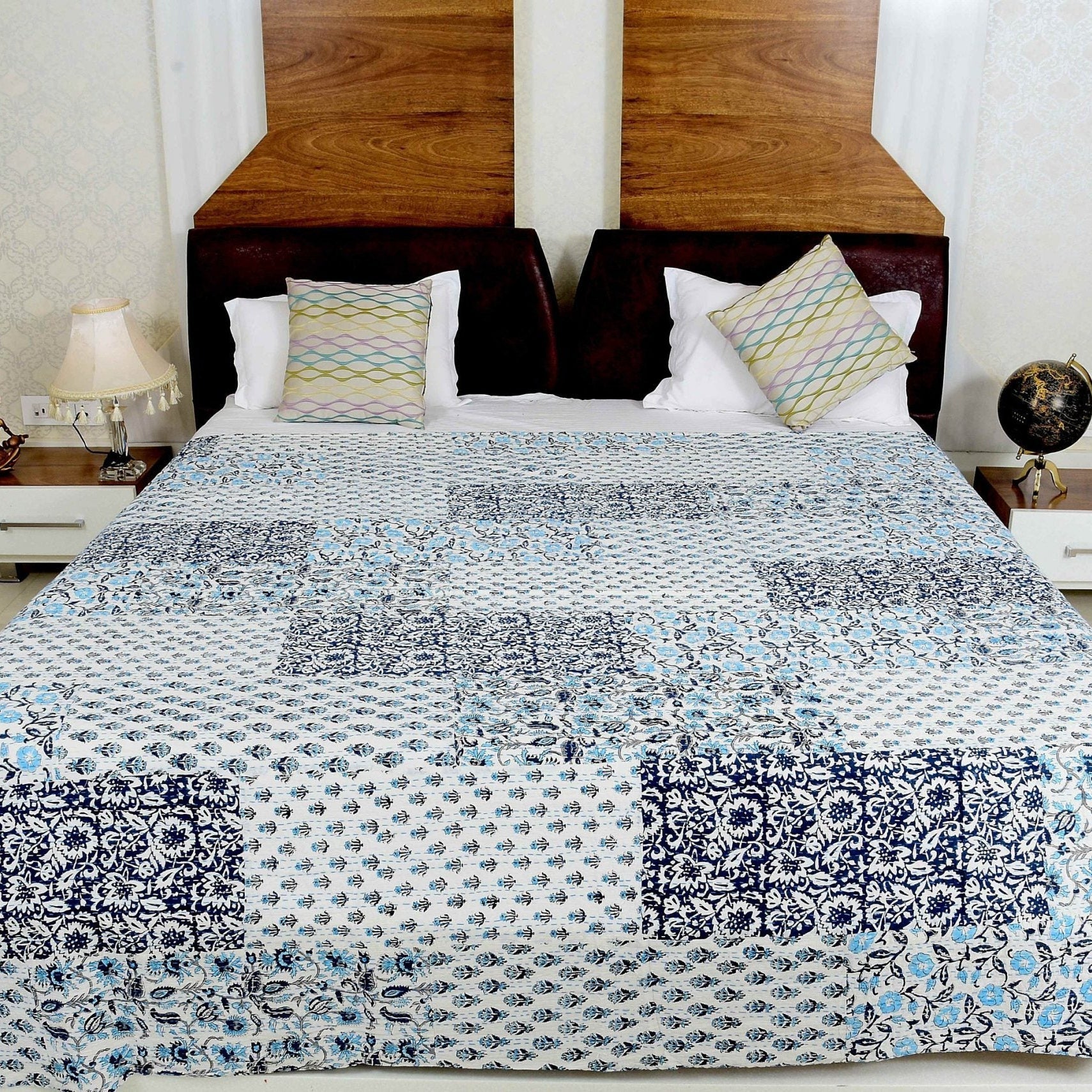 White Swan Boho Indian Kantha Quilt - Handmade