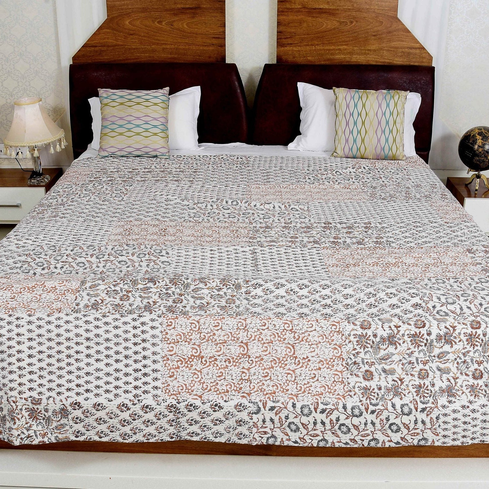 Indian Kantha Quilt - White Mist