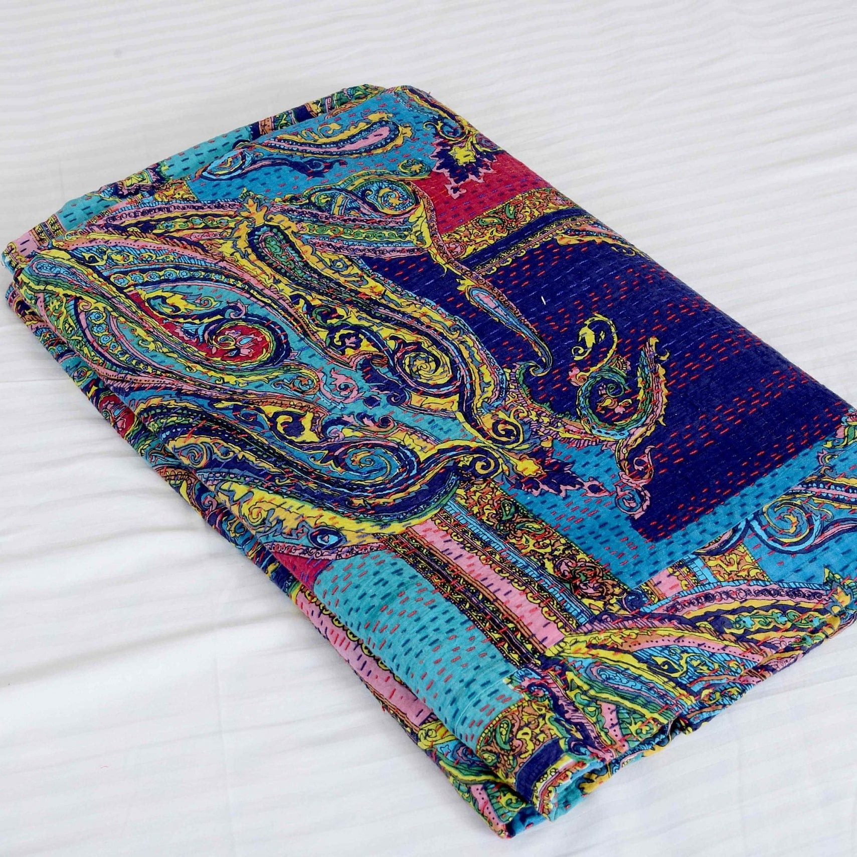 Royal Blue Boho Kantha Quilt - Rich Tones