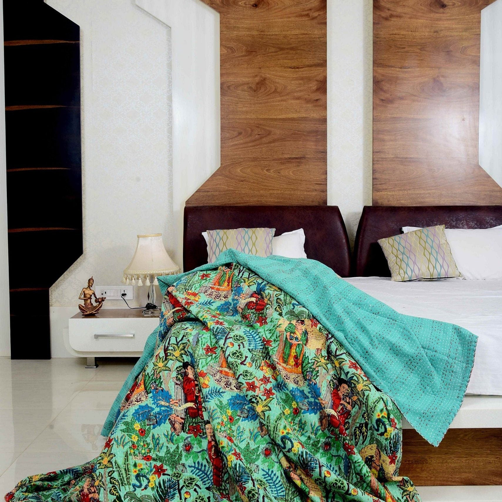 Frida Green Boho Indian Kantha Quilt - Handmade