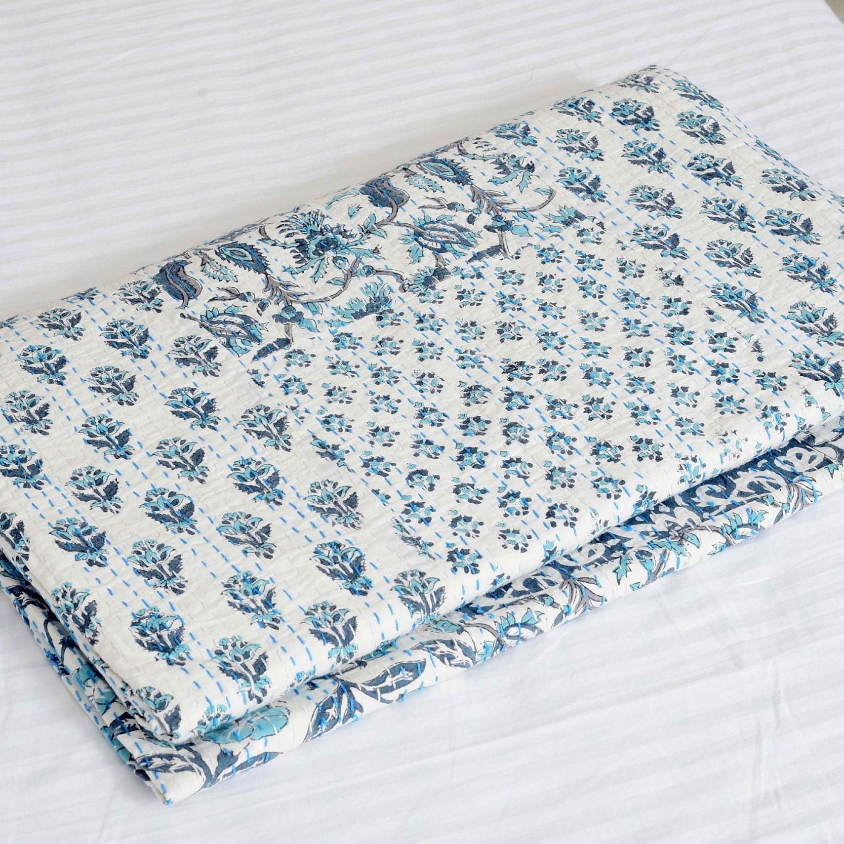 Boho Kantha Quilt - White Aurora, Handcrafted