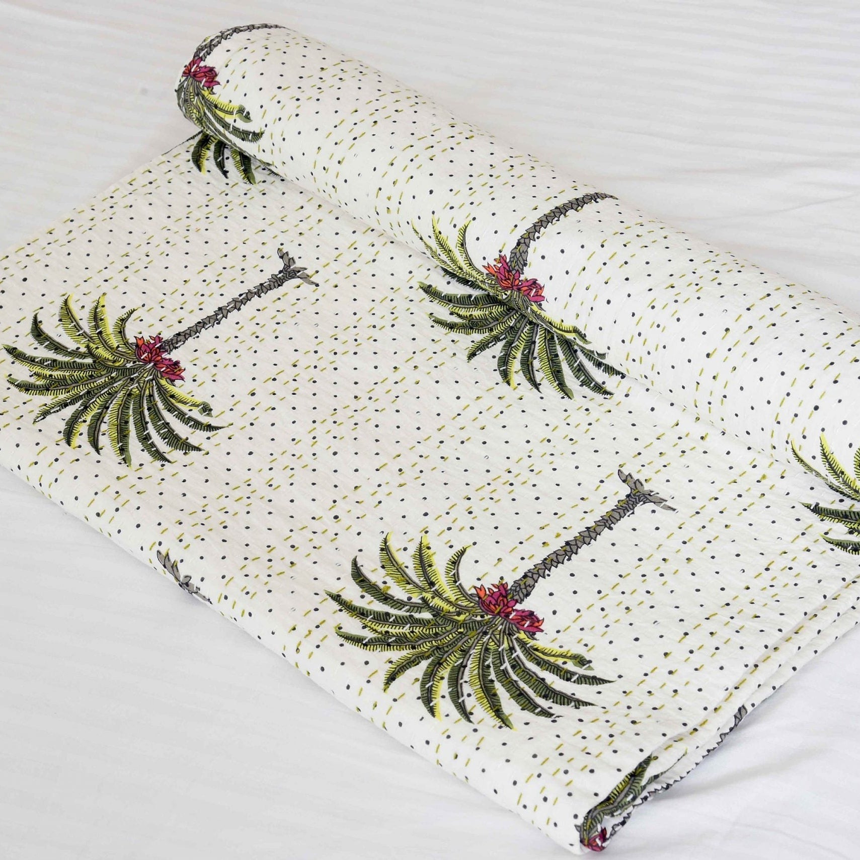 White Palm Boho Kantha Quilt - Subtle Style