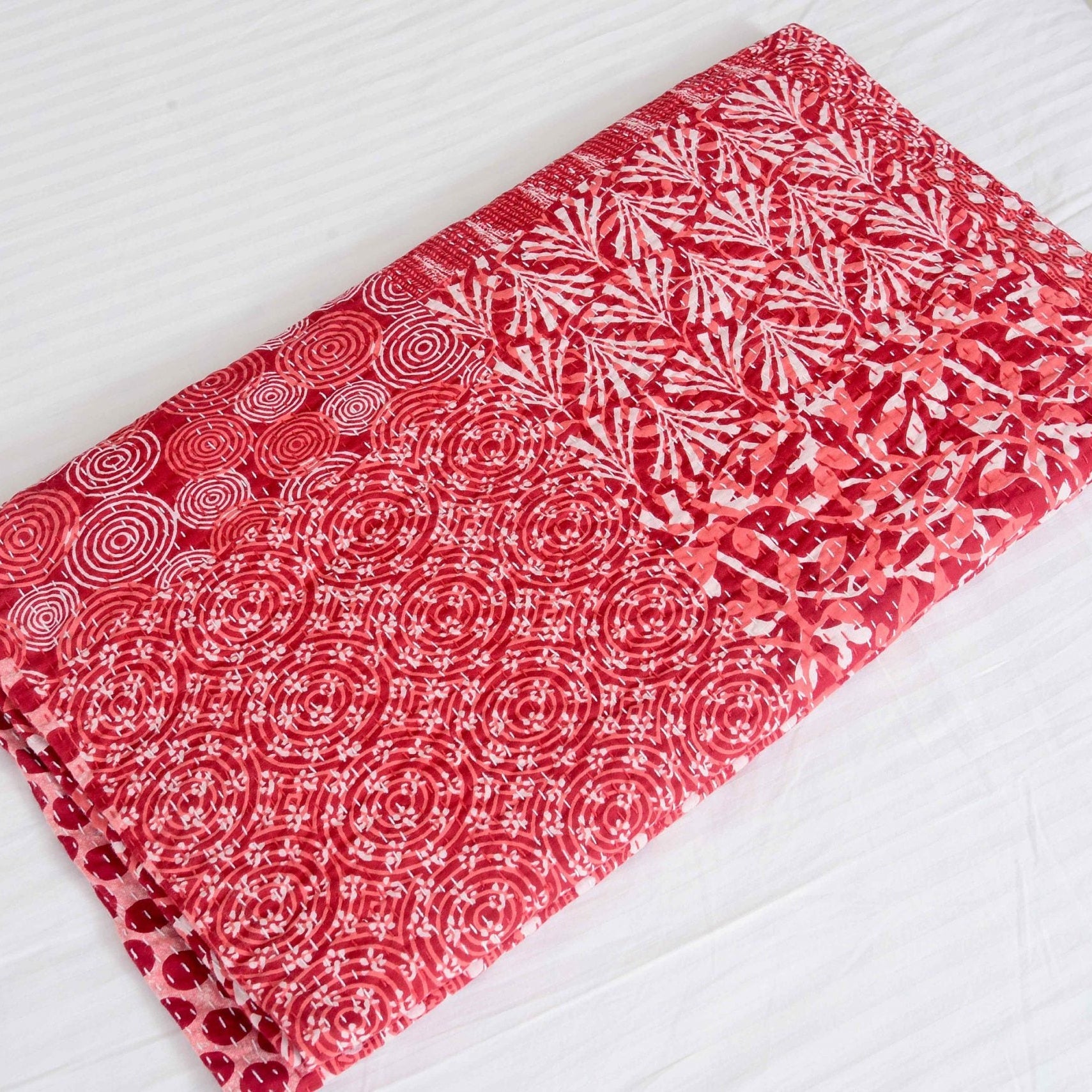 Boho Kantha Quilt - Red Aurora, Unique Design