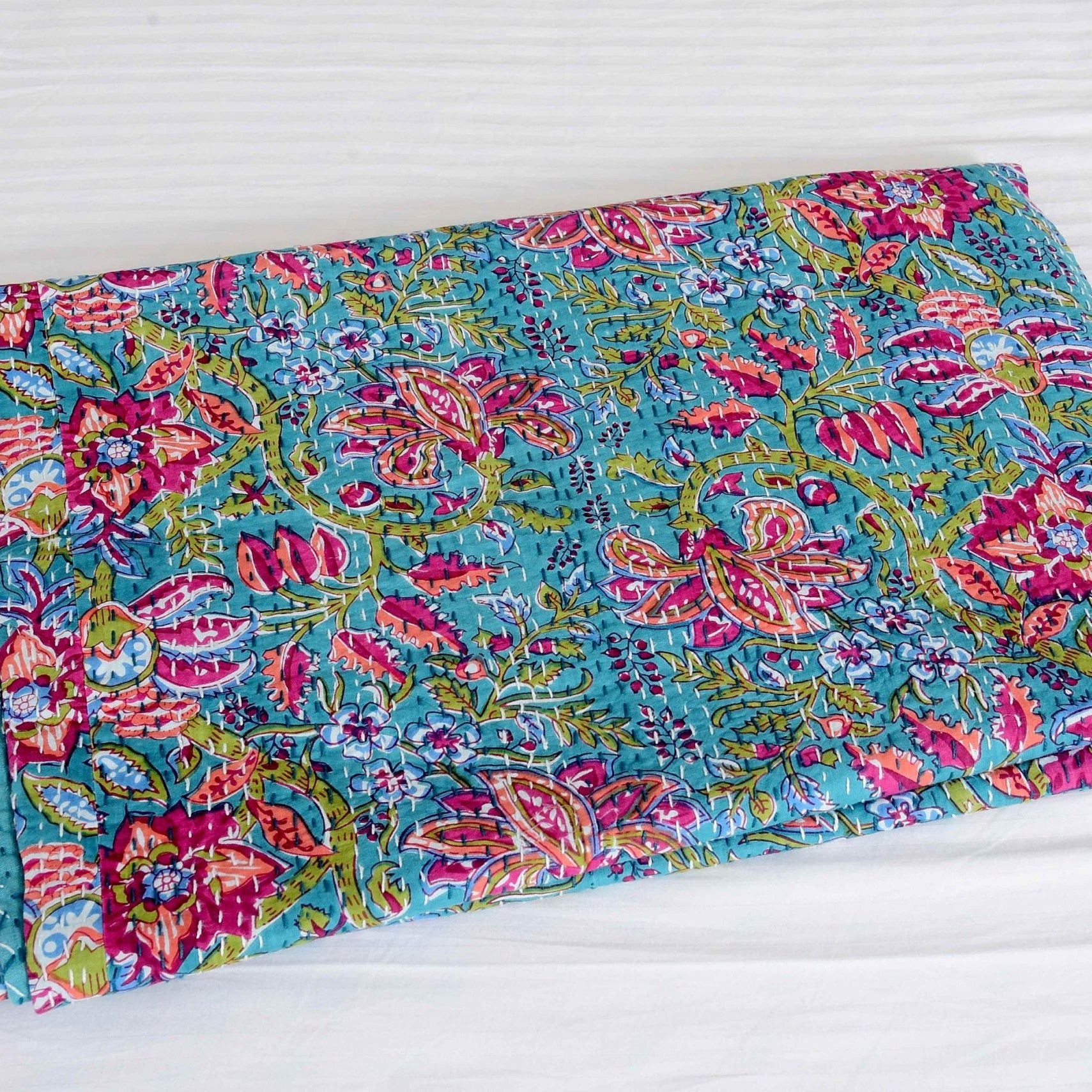 Blue Oasis Handmade Kantha Quilt - Serene Feel