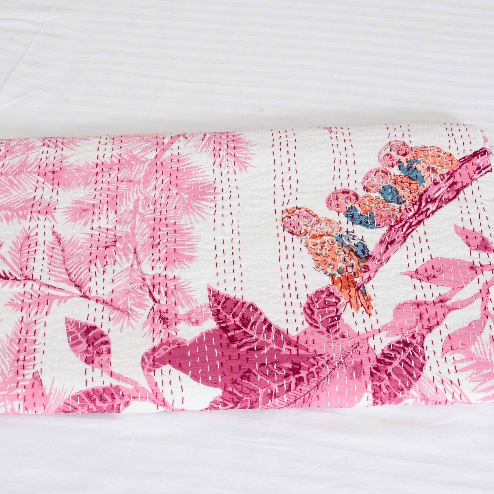 Pink Owl Boho Kantha Quilt - Playful Design