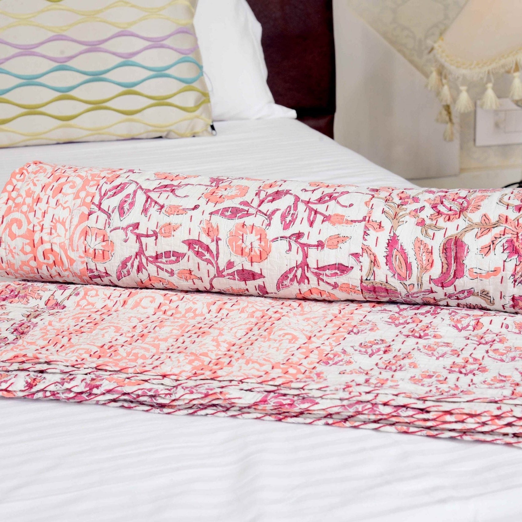 Handmade Kantha Quilt - Mushy Pink