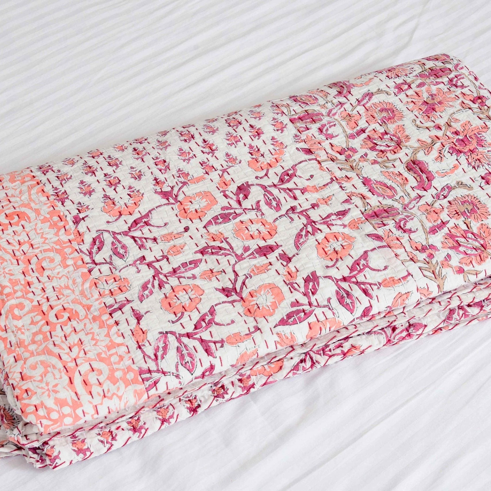 Handmade Kantha Quilt - Mushy Pink