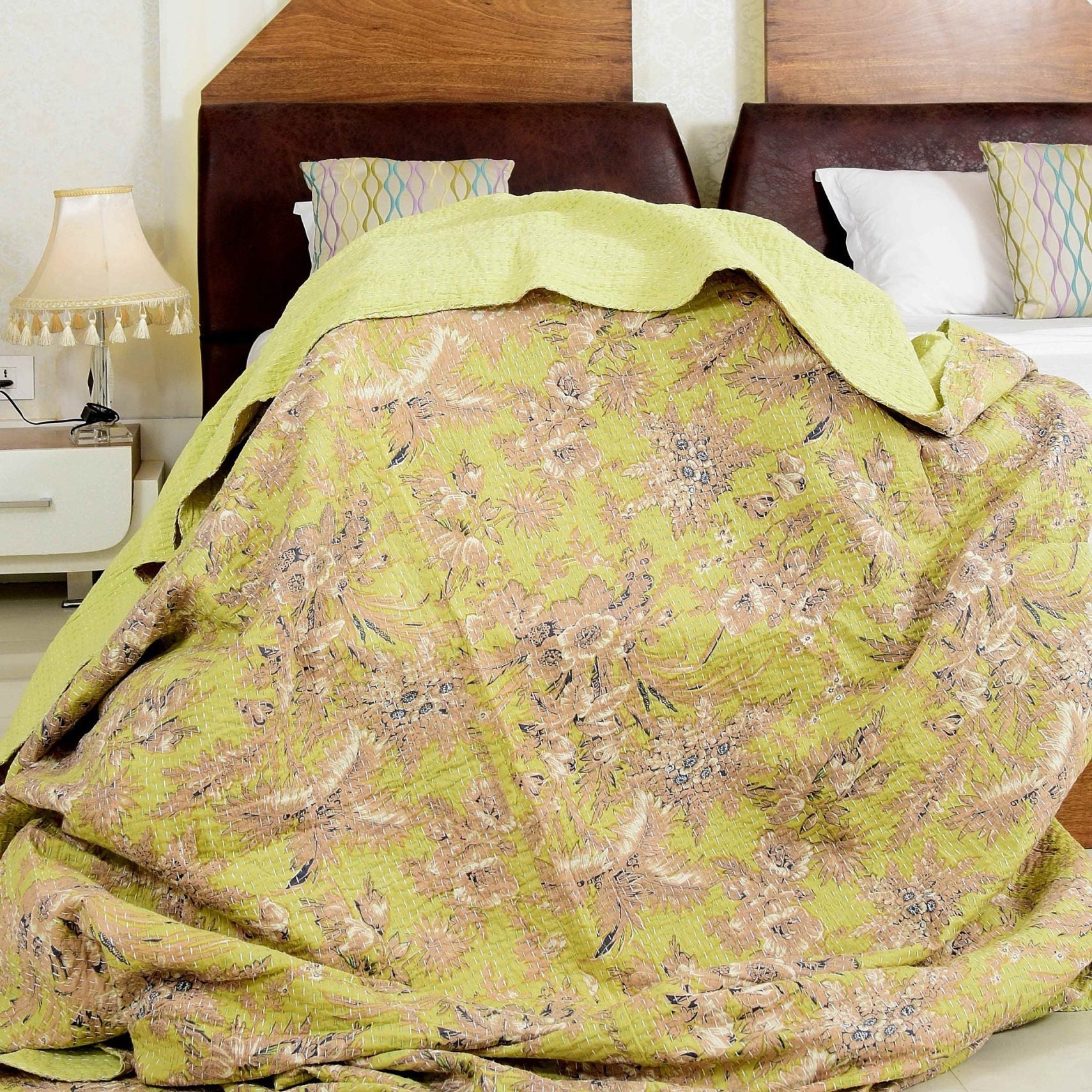 Pale Yellow Handmade Kantha Quilt - Boho Style