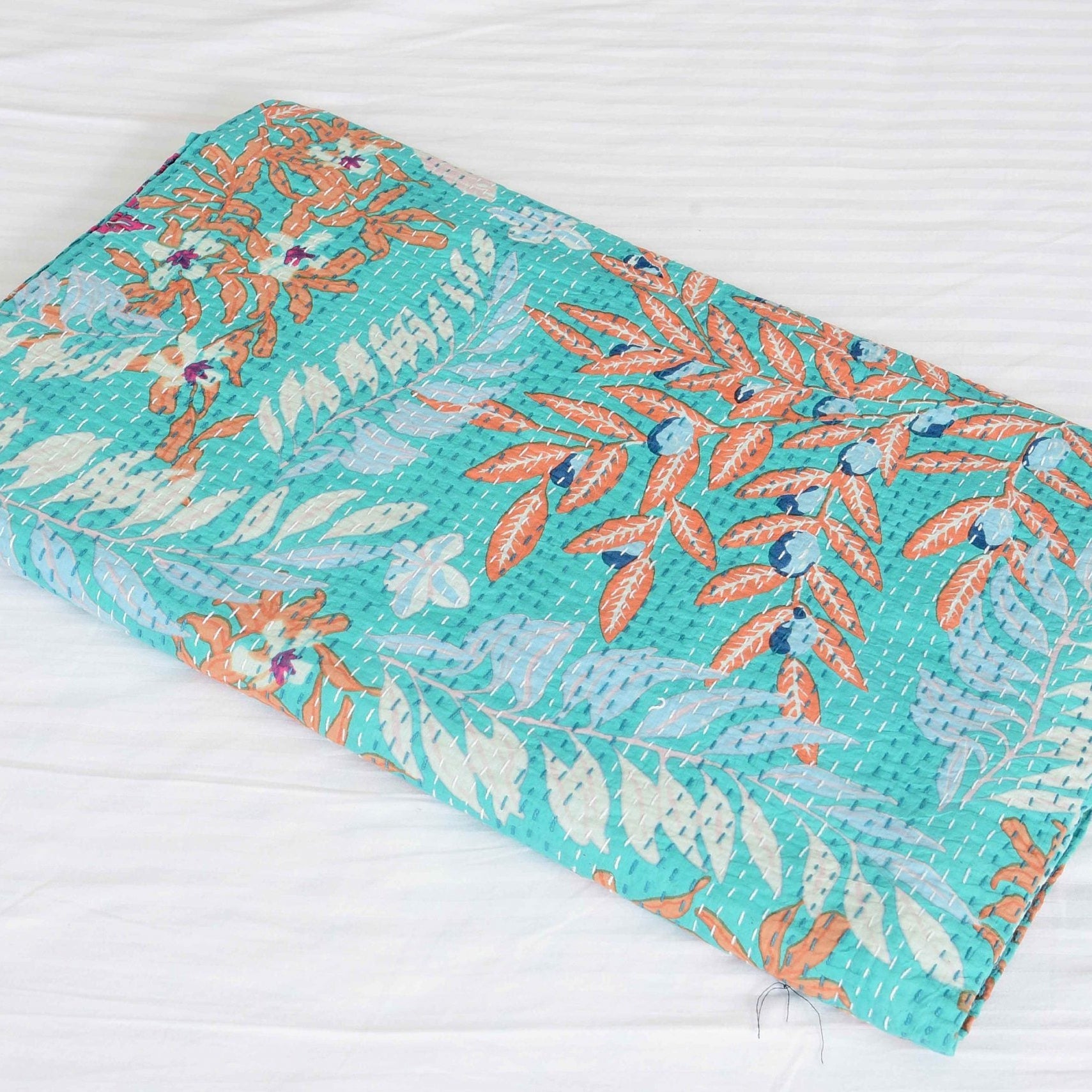 Boho Kantha Quilt - Mint Pastures, Handcrafted