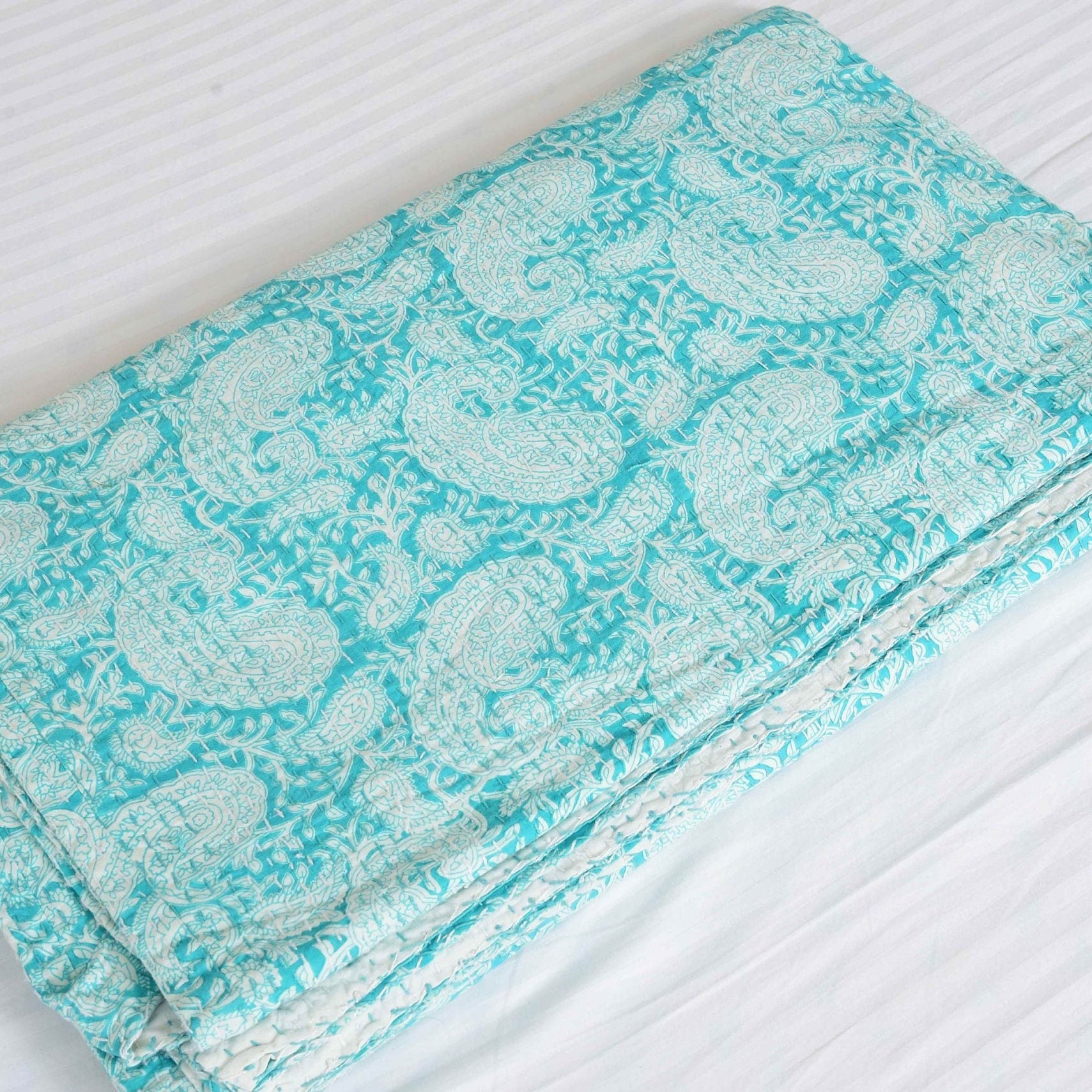 Sea Green Handmade Indian Kantha Quilt