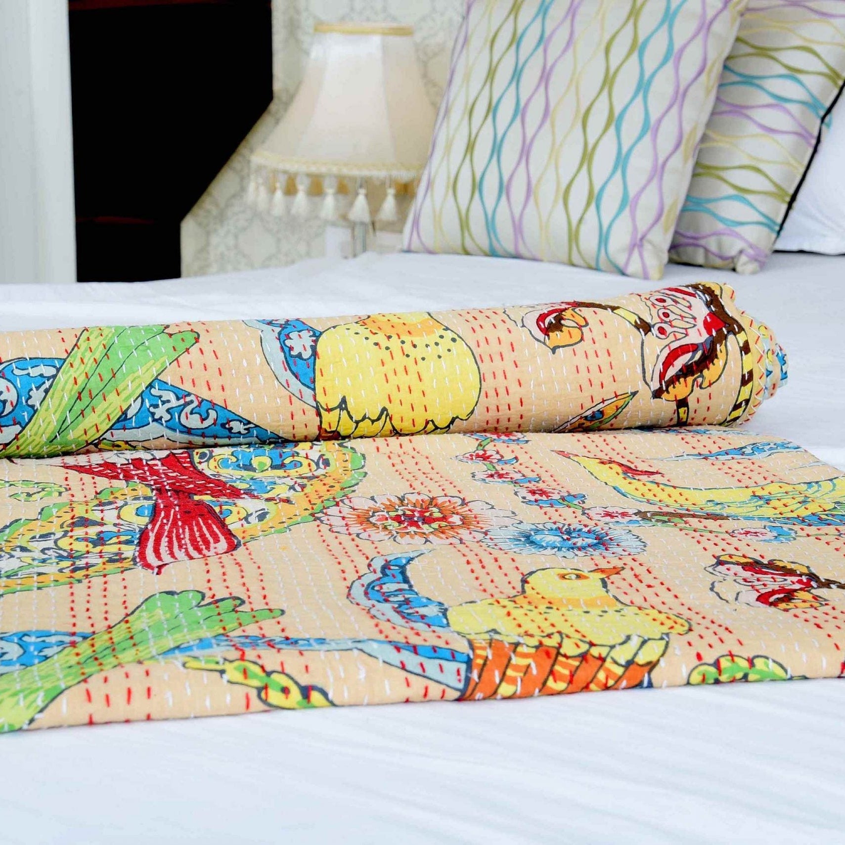 Peach Bird Kantha Quilt Blanket - Artistic Touch