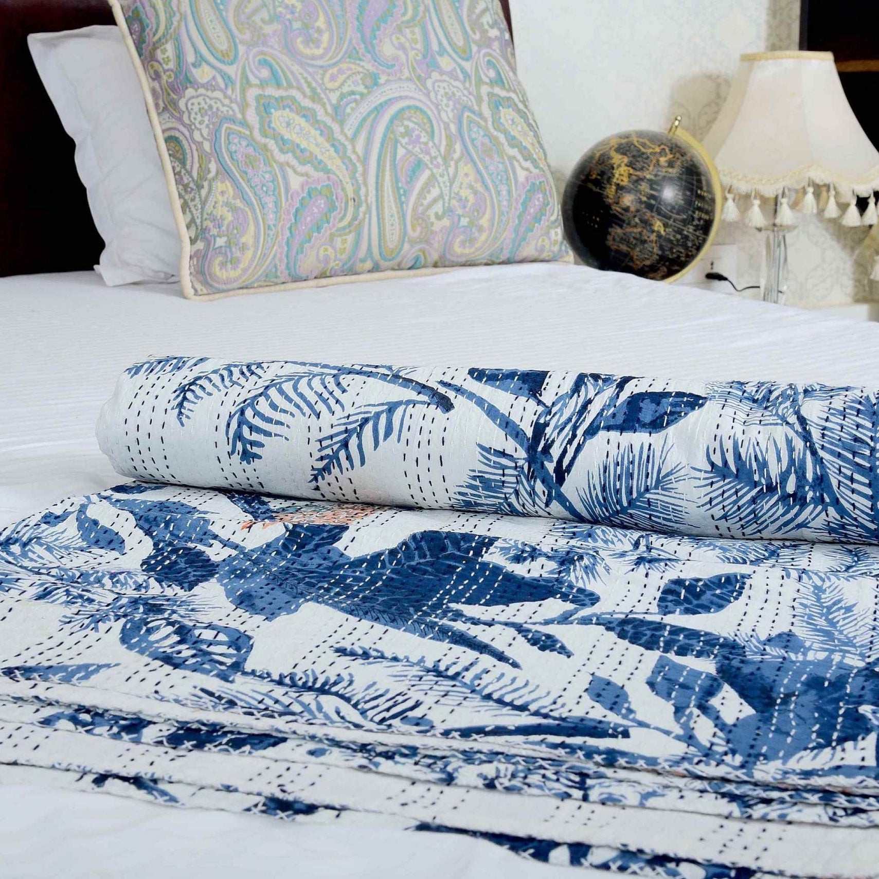 Azure Bird Kantha Quilt - King Size