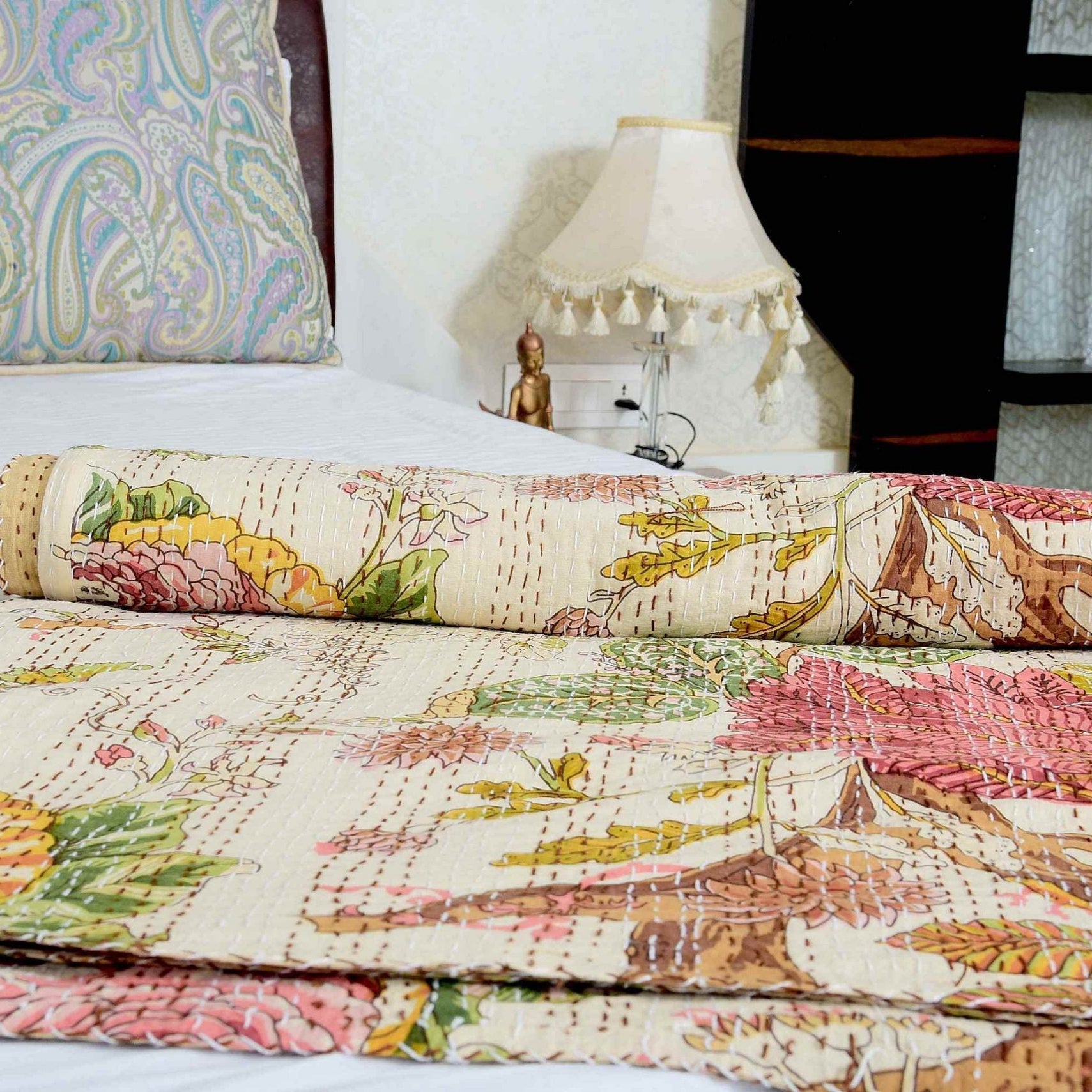 Leaf Print Kantha Quilt - King Size