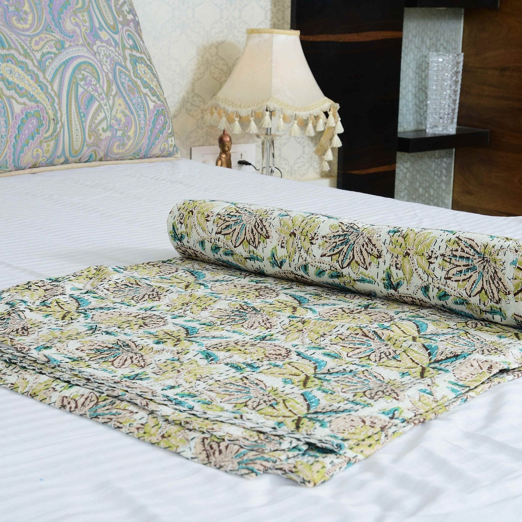 Green Blossom Handmade Kantha Quilt Blanket