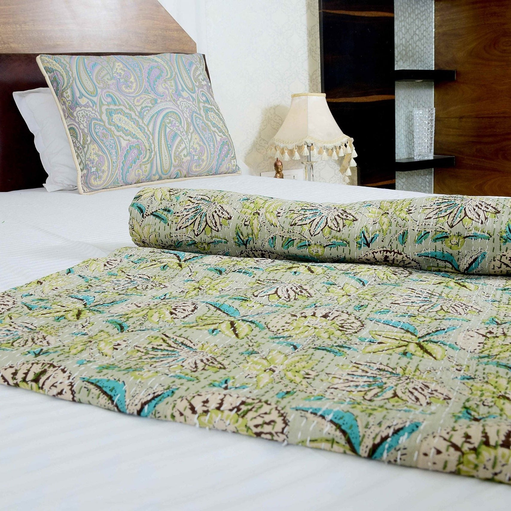 Pastel Green Handmade Kantha Quilt - Subtle