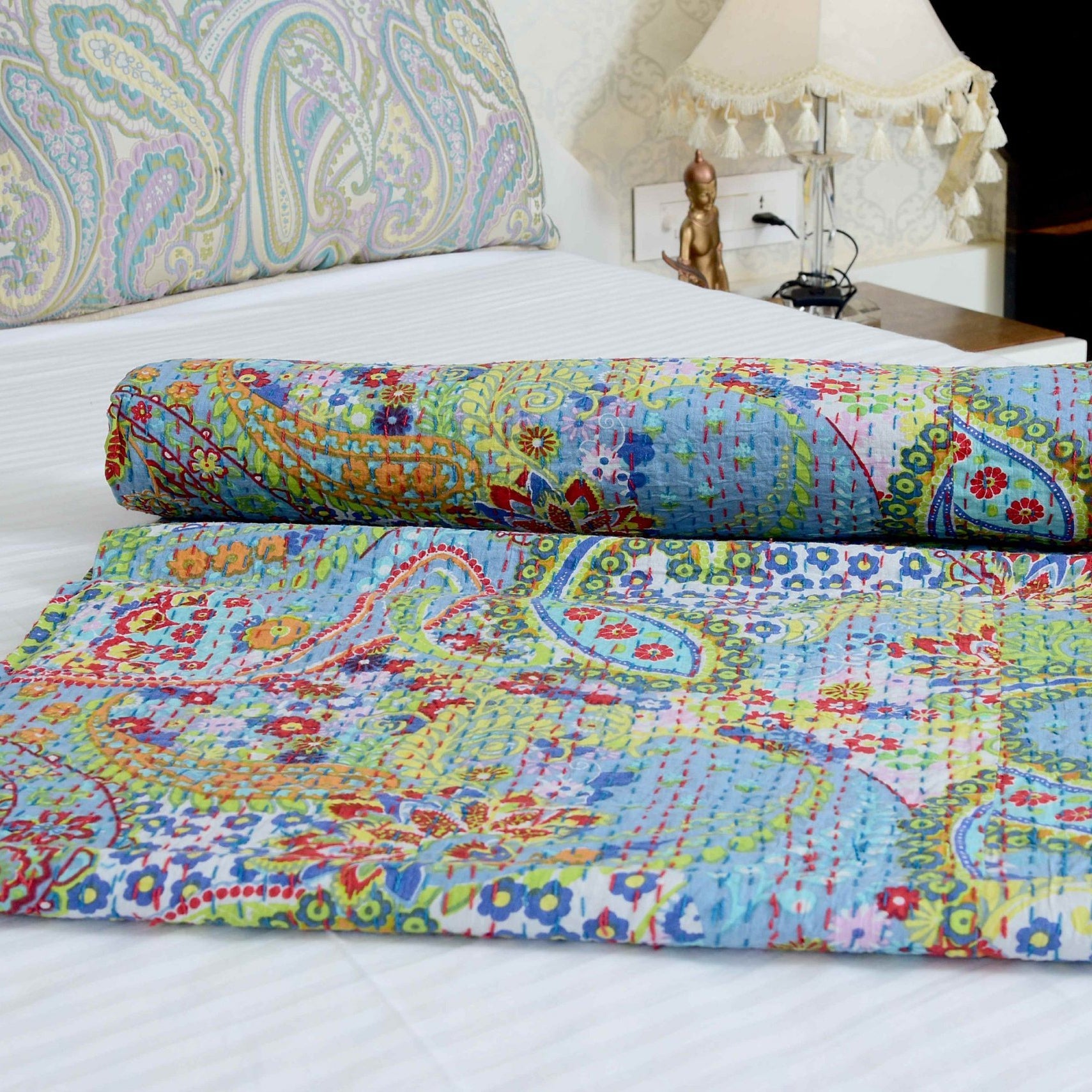 Gratitude Grey Kantha Quilt Blanket - Handmade