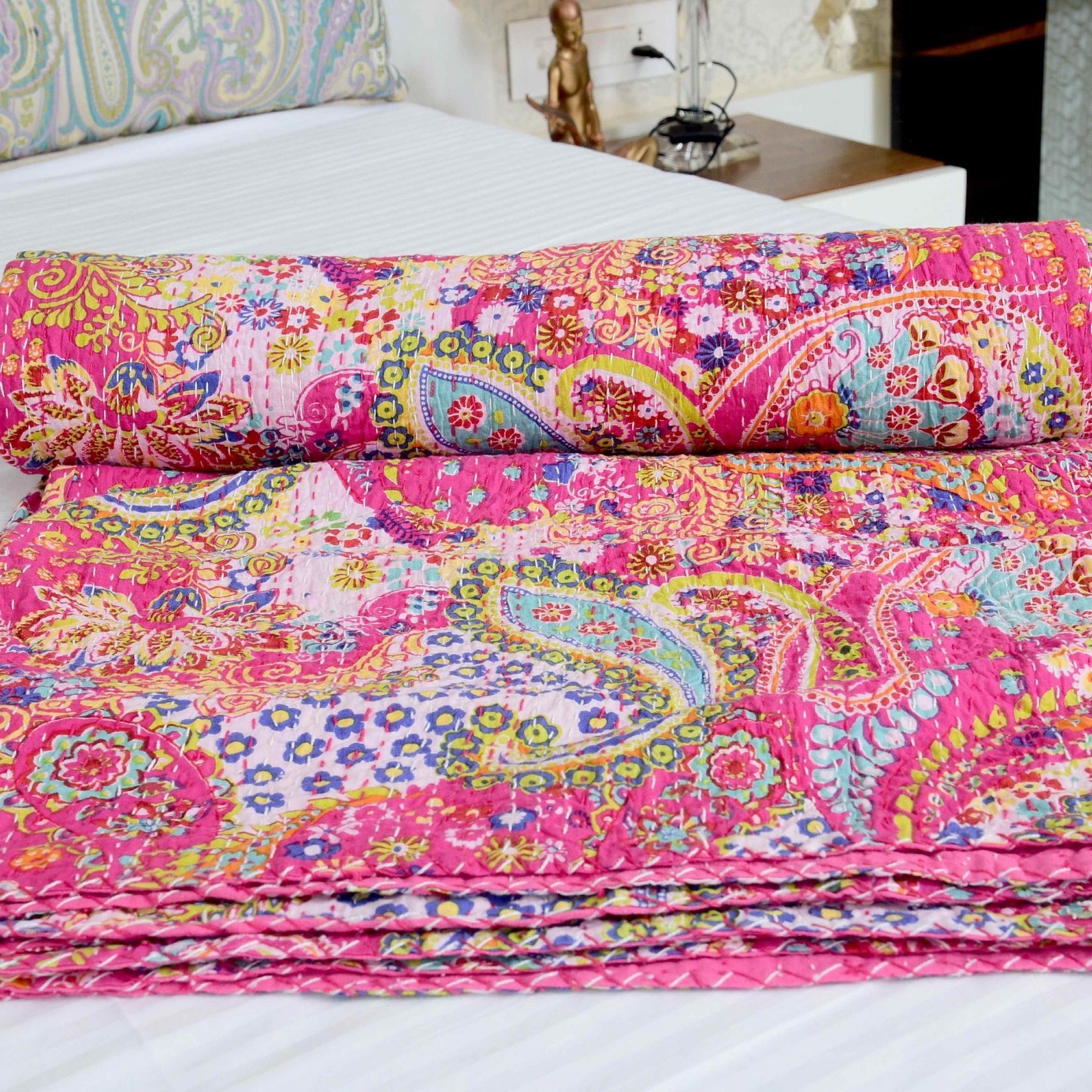 Pink Hues Boho Kantha Quilt - Feminine Touch