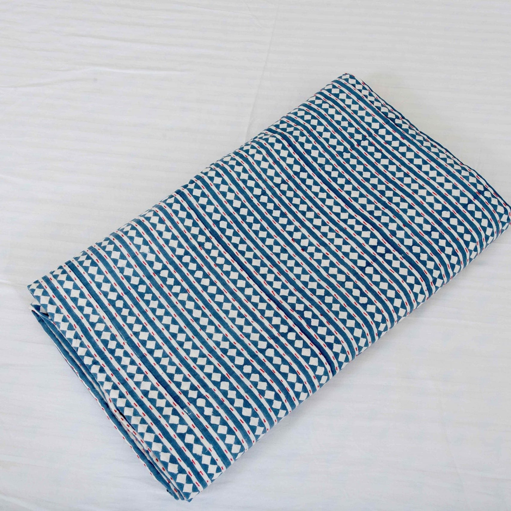 White Blues Boho Indian Kantha Quilt - Cool Hues