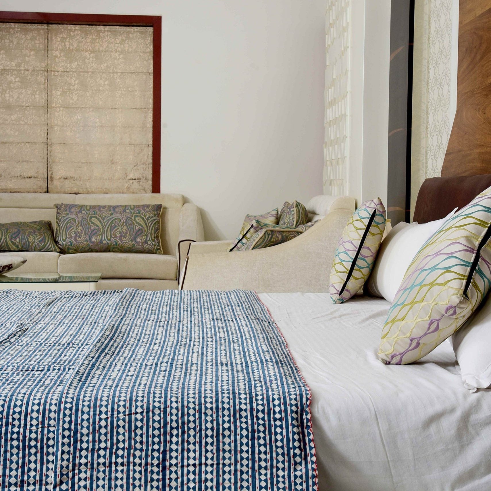 White Blues Boho Indian Kantha Quilt - Cool Hues