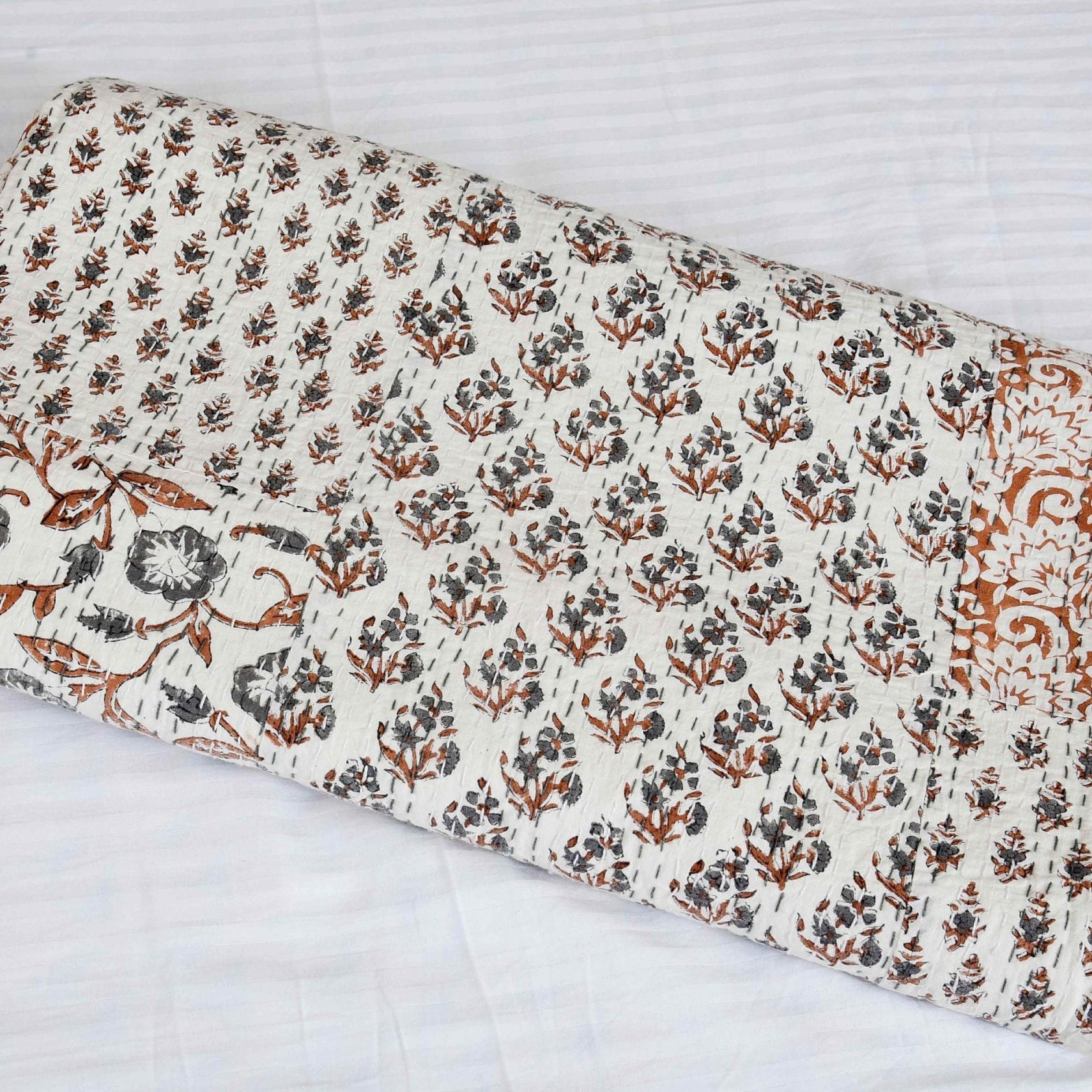 Indian Kantha Quilt - White Mist