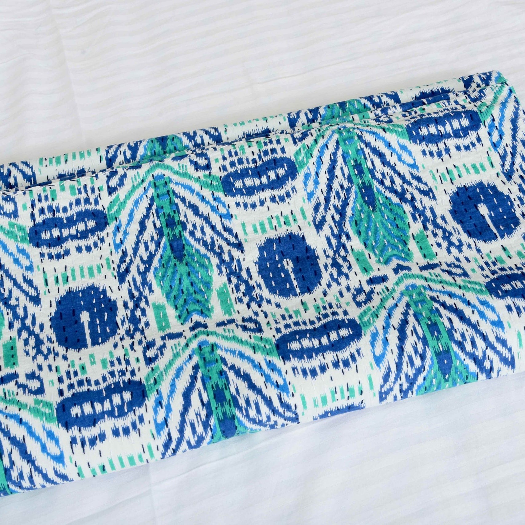 Blue Opal Boho Indian Kantha Quilt - Cool Hues