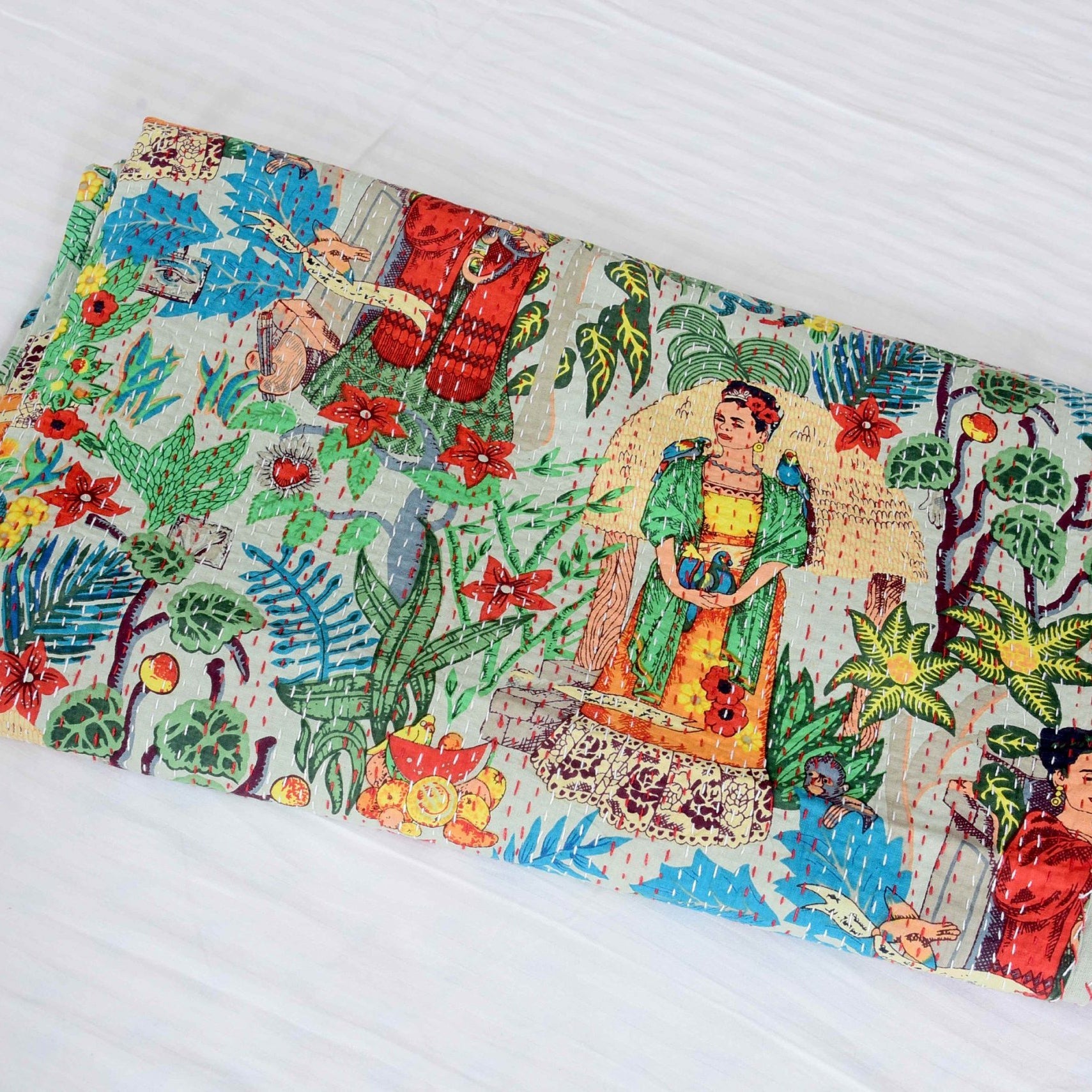 Frida Kahlo Kantha Quilt – Boho Indian Block Print Bedspread & Baby Blanket