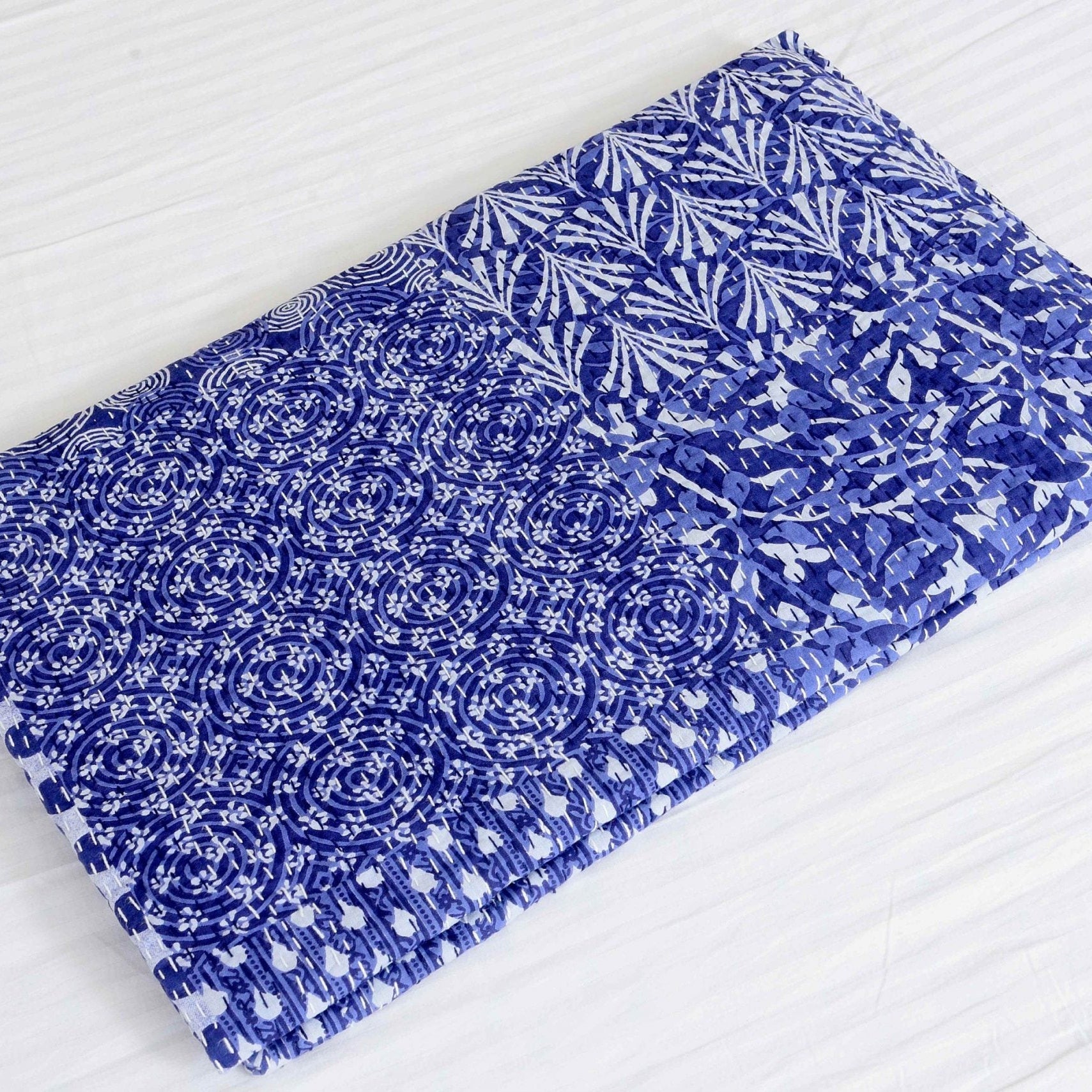 Blue Lagoon Boho Indian Kantha Quilt