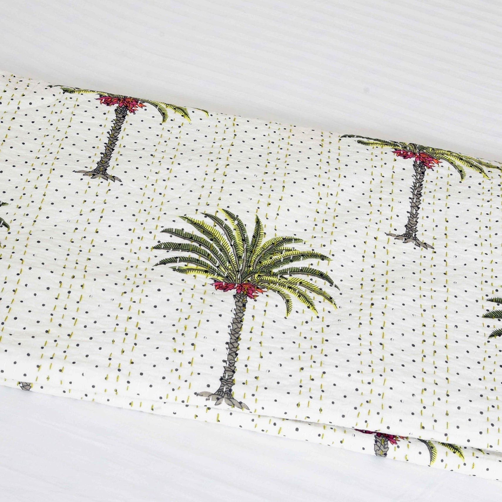 White Palm Boho Kantha Quilt - Subtle Style