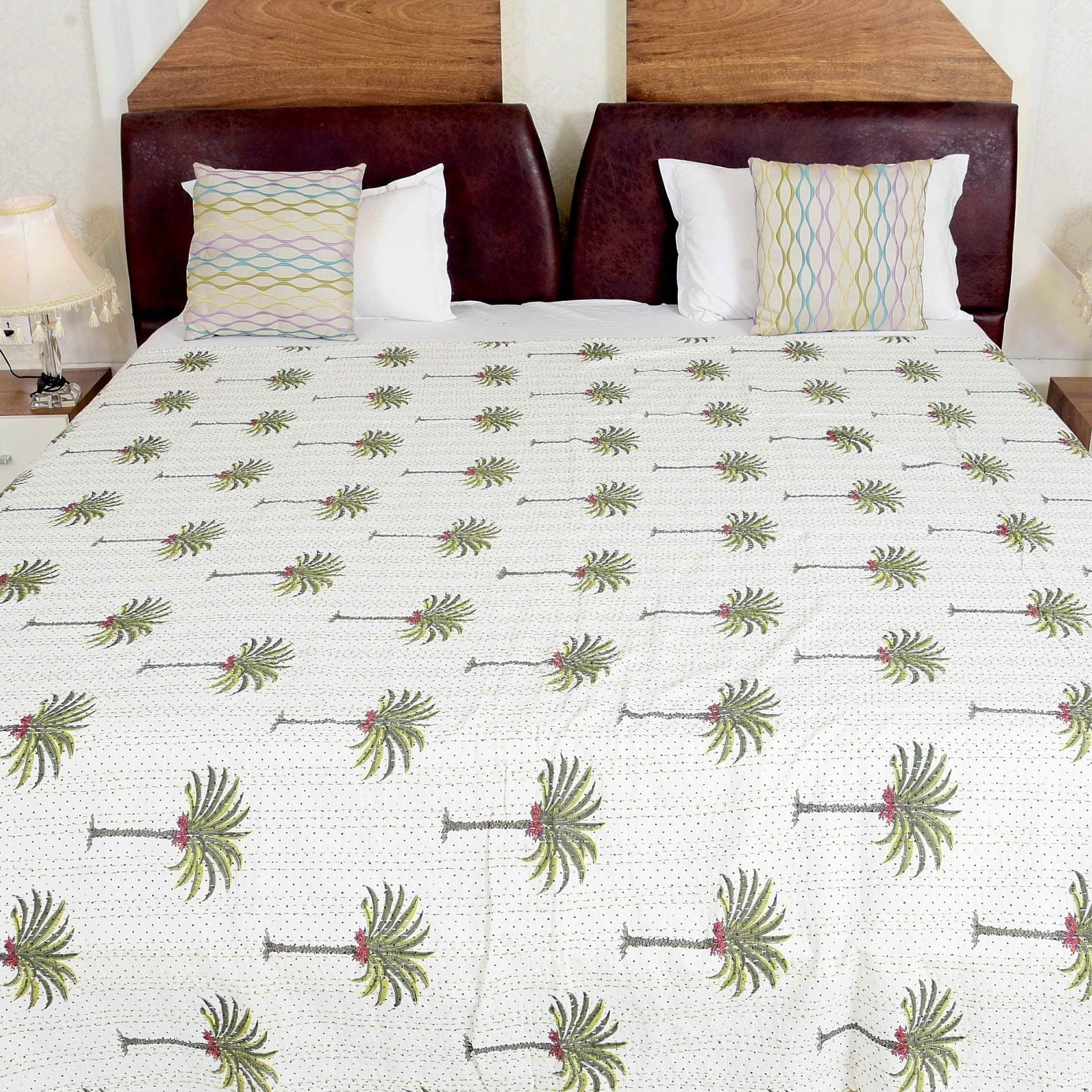 White Palm Boho Kantha Quilt - Subtle Style