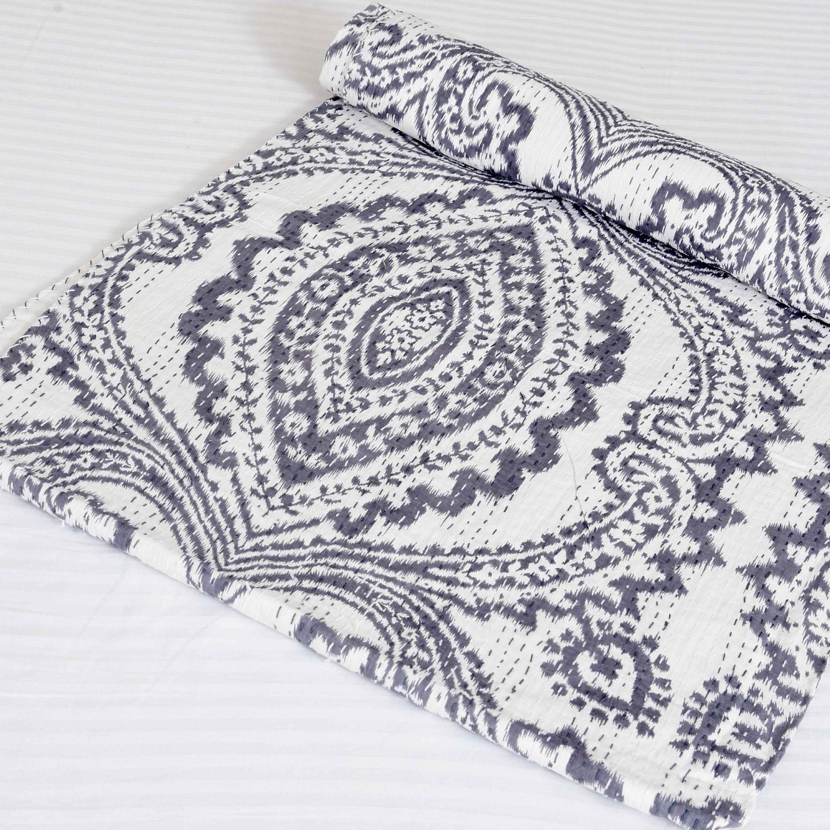 White Opal Boho Kantha Quilt - Unique Style