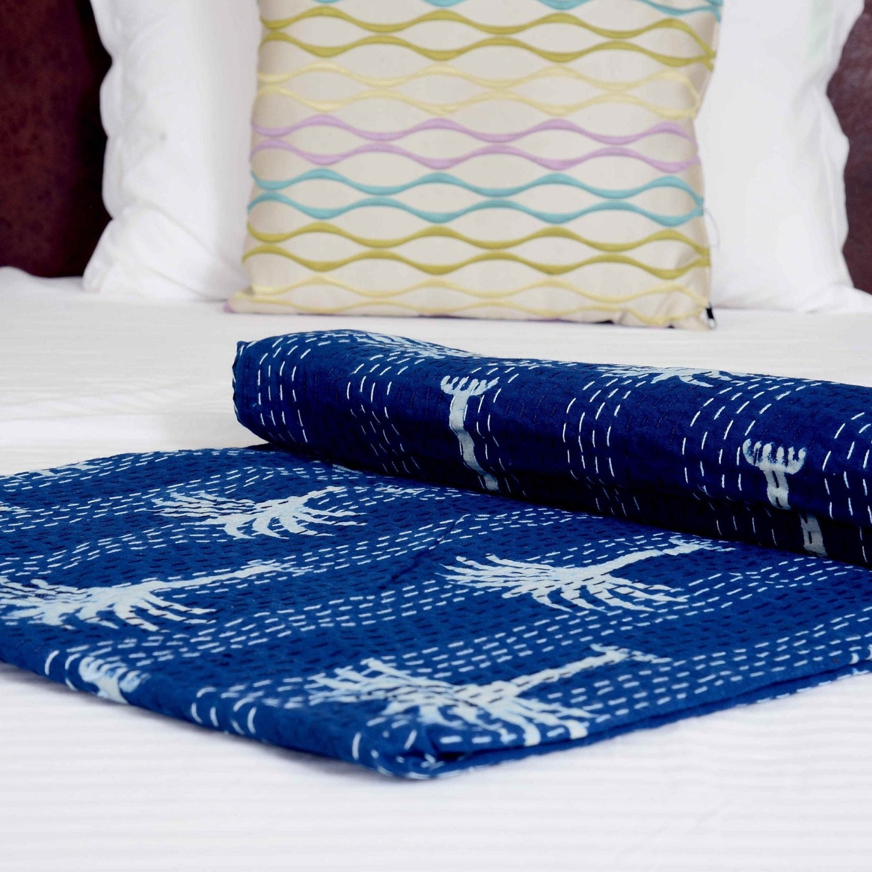 Palm Tree Indigo Boho Kantha Quilt - Unique Look