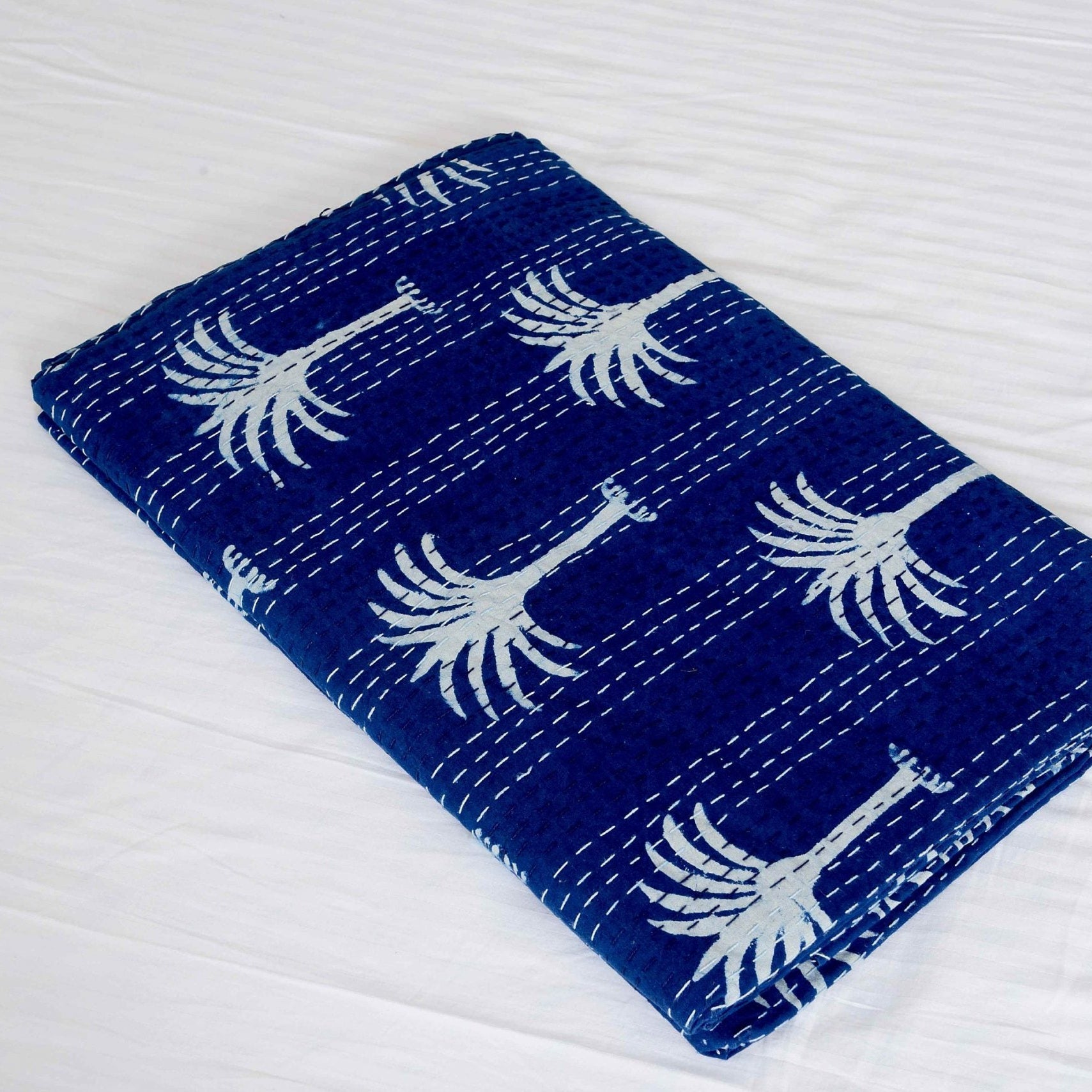 Palm Tree Indigo Boho Kantha Quilt - Unique Look