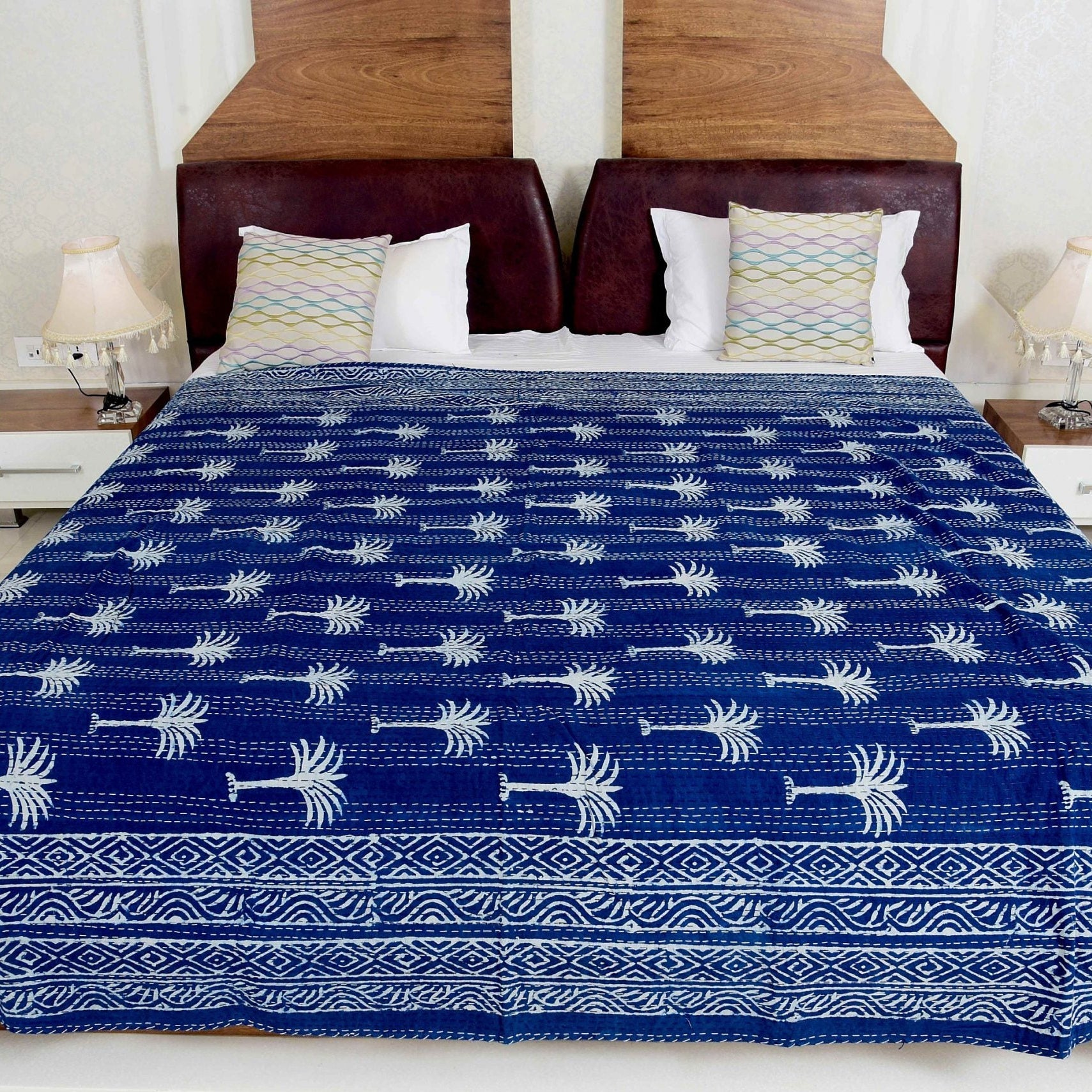 Palm Tree Indigo Boho Kantha Quilt - Unique Look