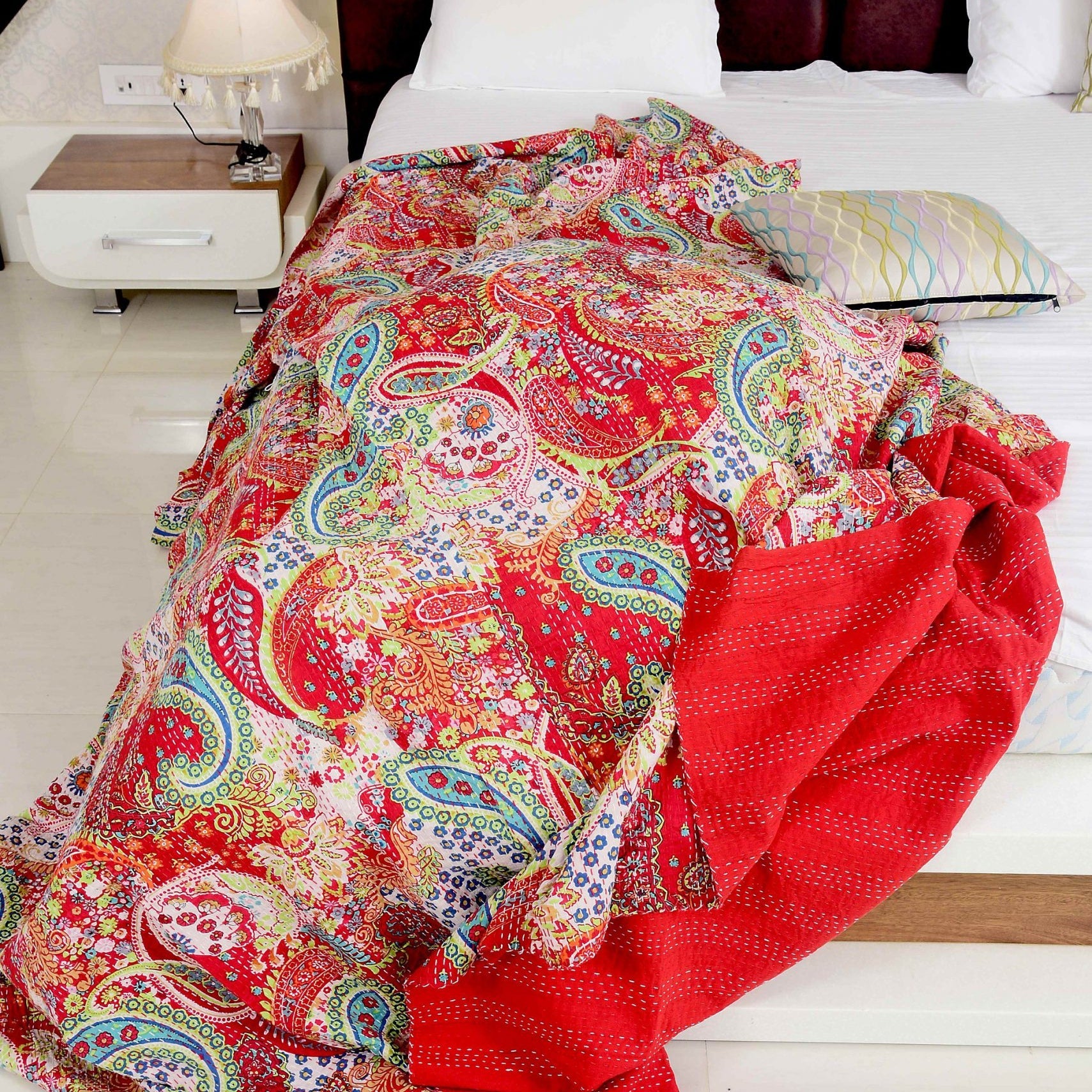 Red Flowers Boho Kantha Quilt - Handmade