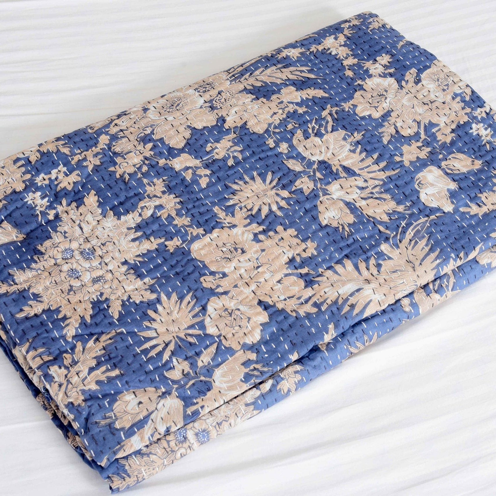 Blue Serenity Boho Kantha Quilt - Relaxing Hues