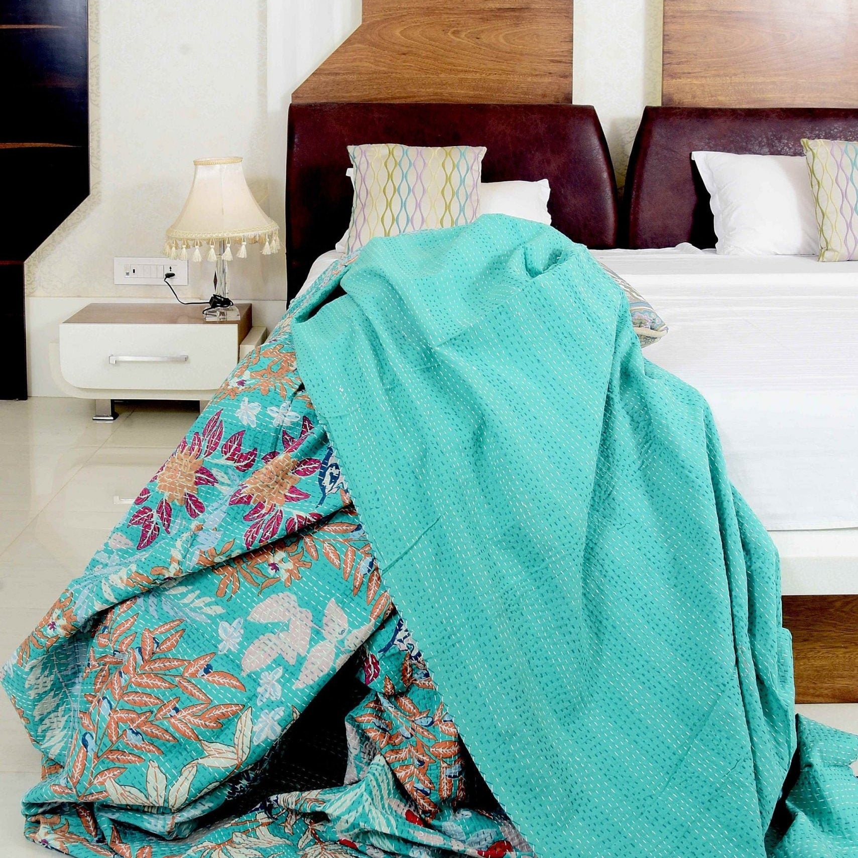 Boho Kantha Quilt - Mint Pastures, Handcrafted