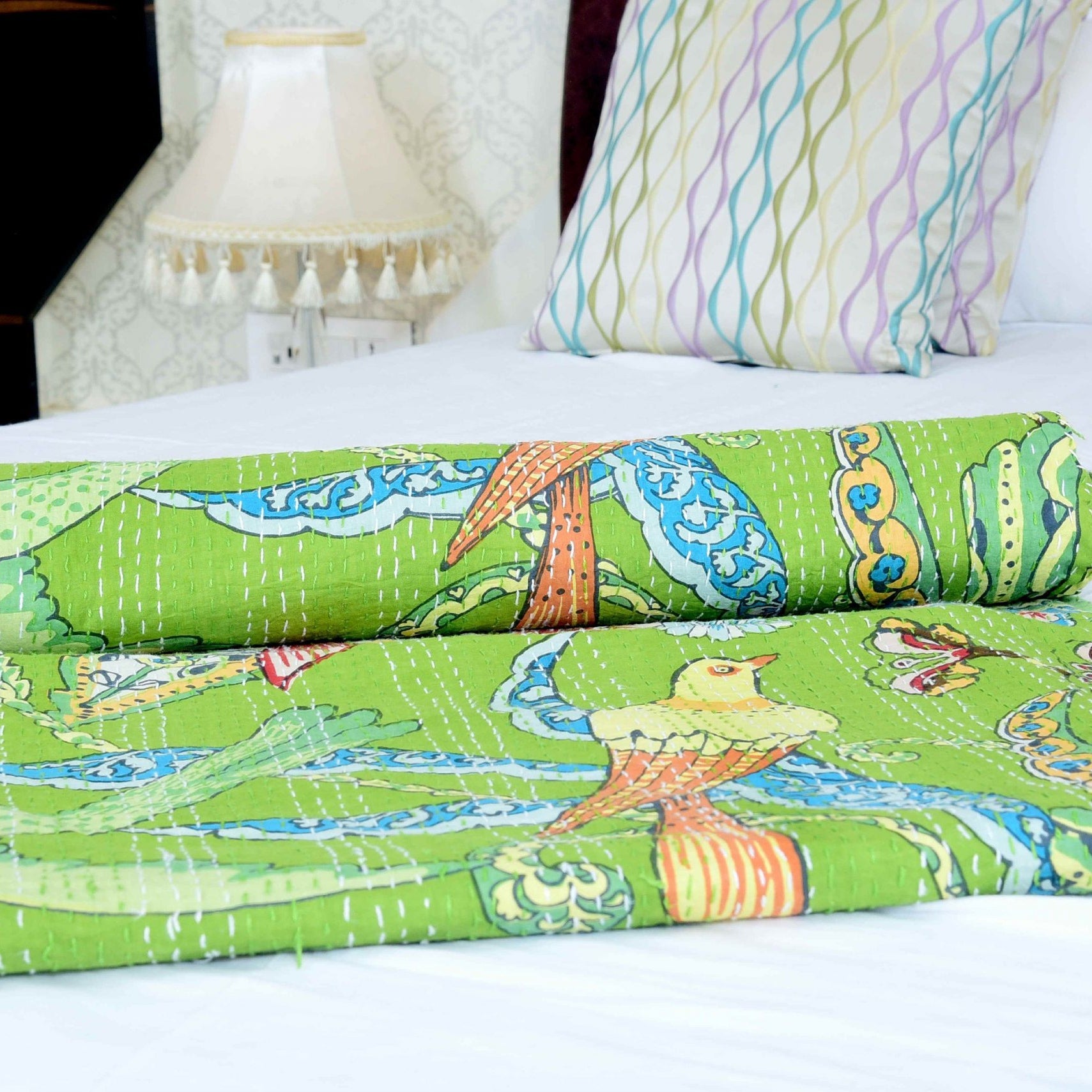 Boho Kantha Quilt - Green Hues, Artistic Style