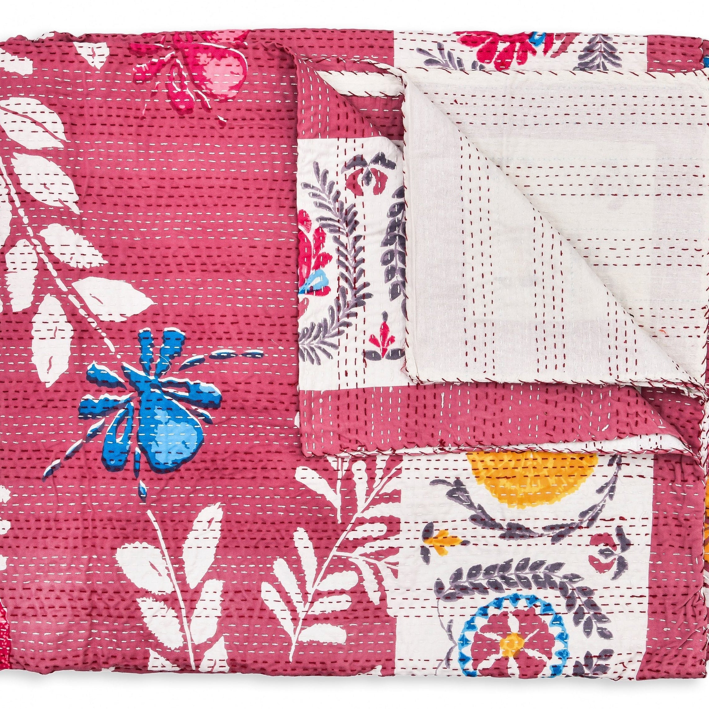 Red Boho Indian Kantha Quilt - Bold & Stylish