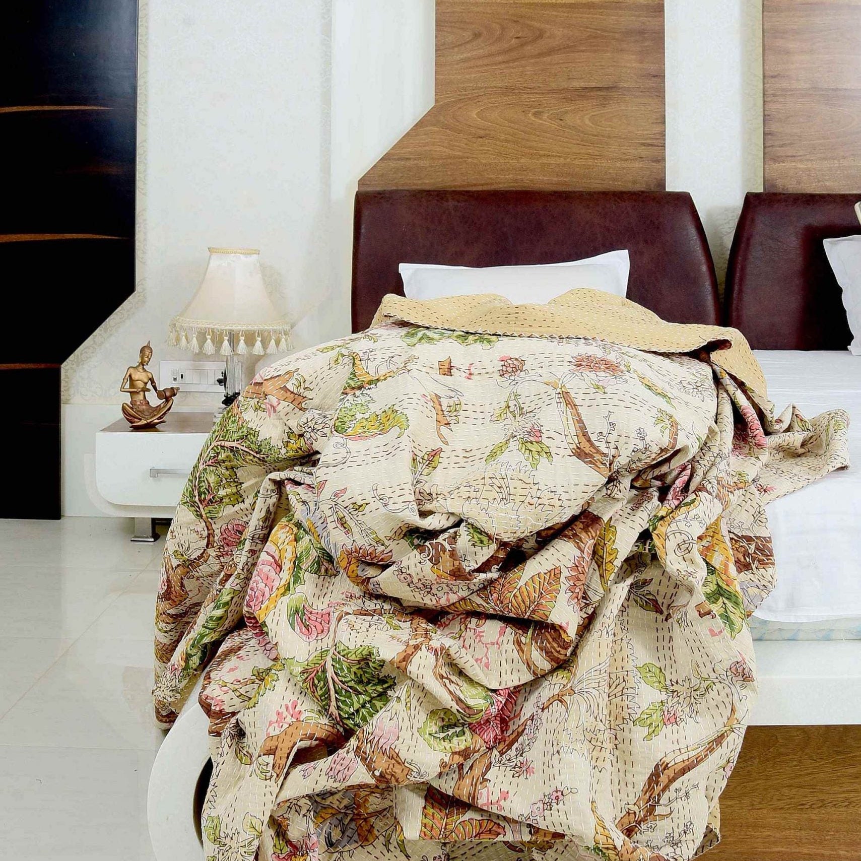 Leaf Print Kantha Quilt - King Size