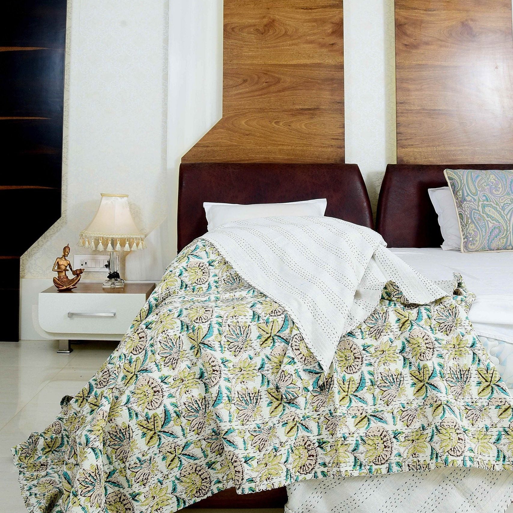 Green Blossom Handmade Kantha Quilt Blanket