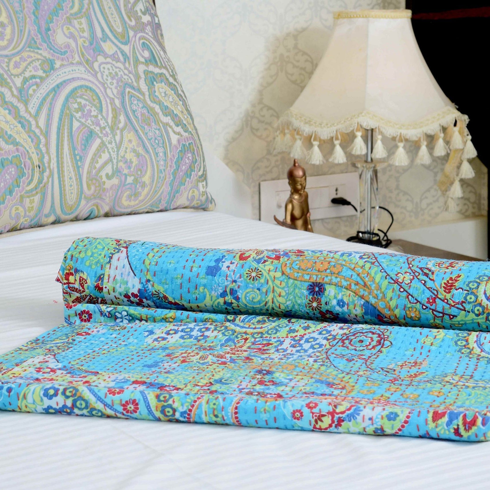 Sky Hush Handmade Kantha Quilt - Soothing Tones