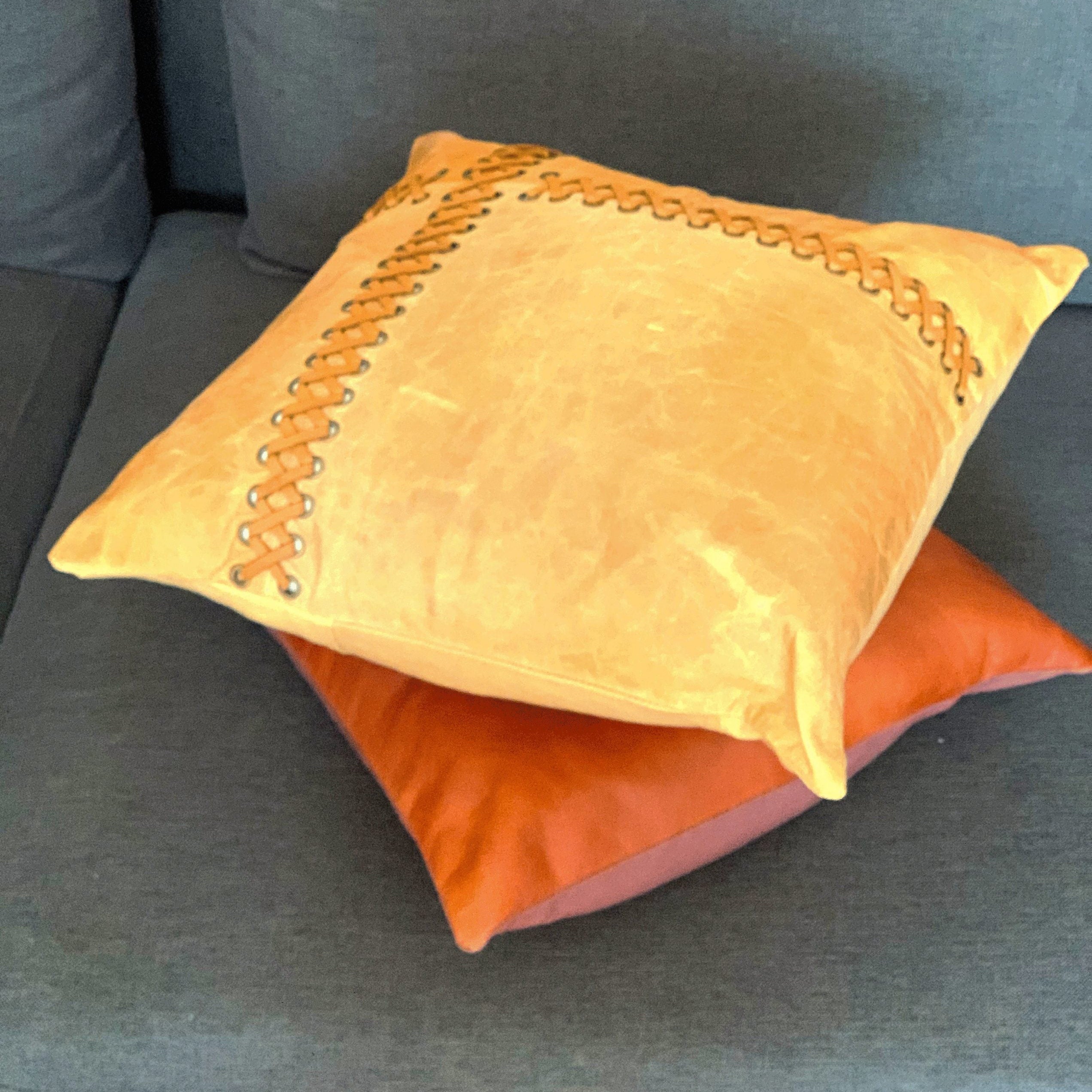 Tan Leather Cushion Cover - Orange Leather Accent