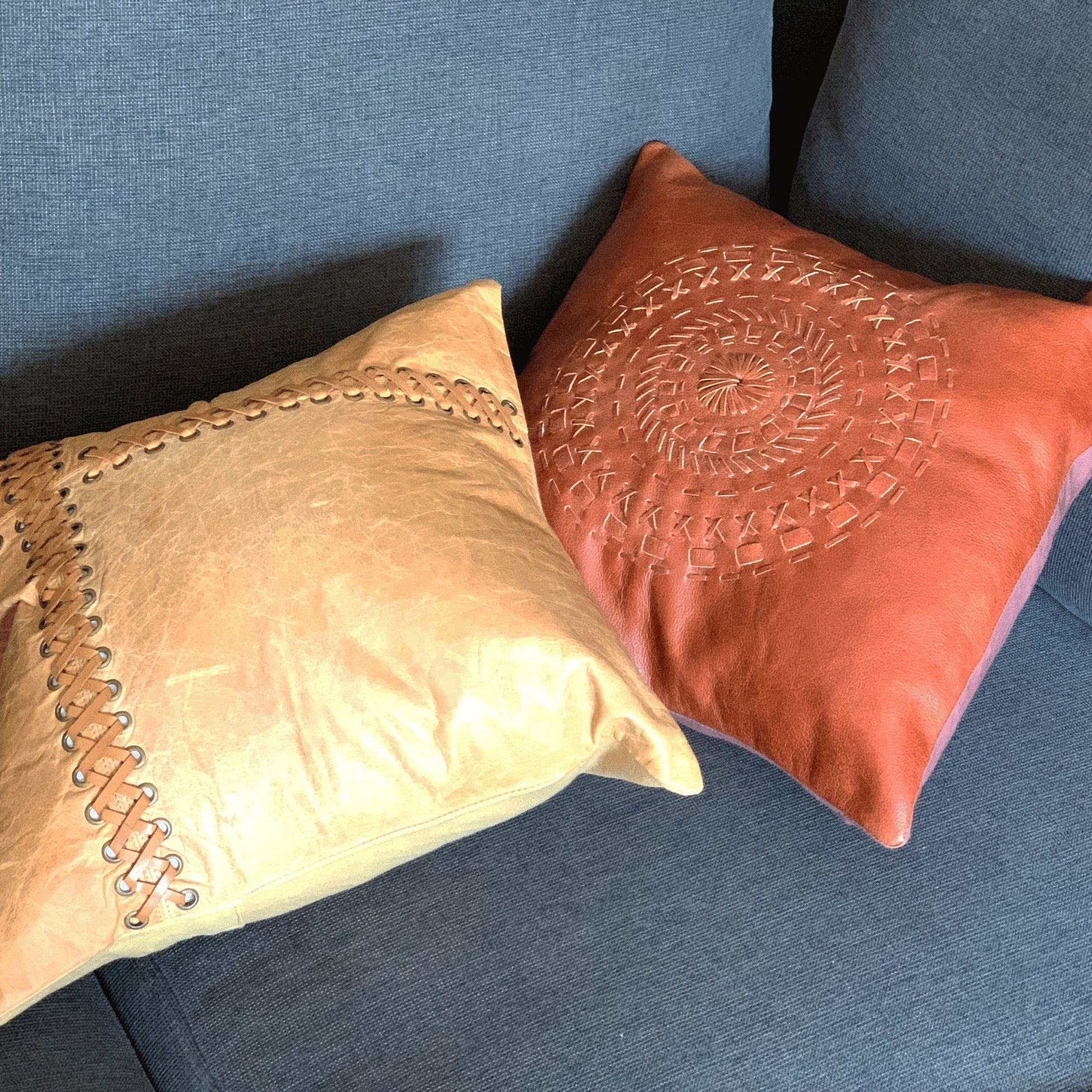 Tan Leather Cushion Cover - Orange Leather Accent