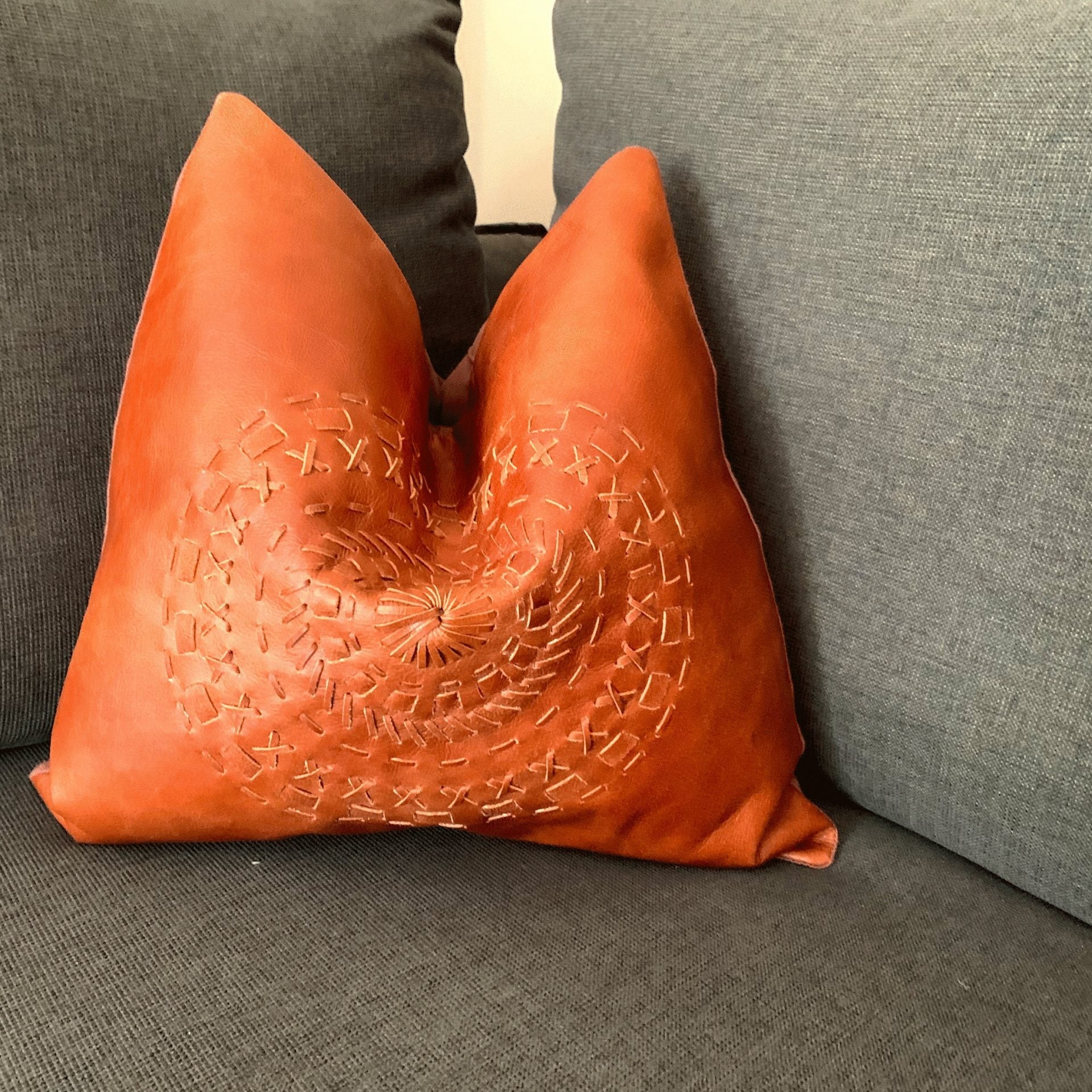 Tan Leather Cushion Cover - Orange Leather Accent