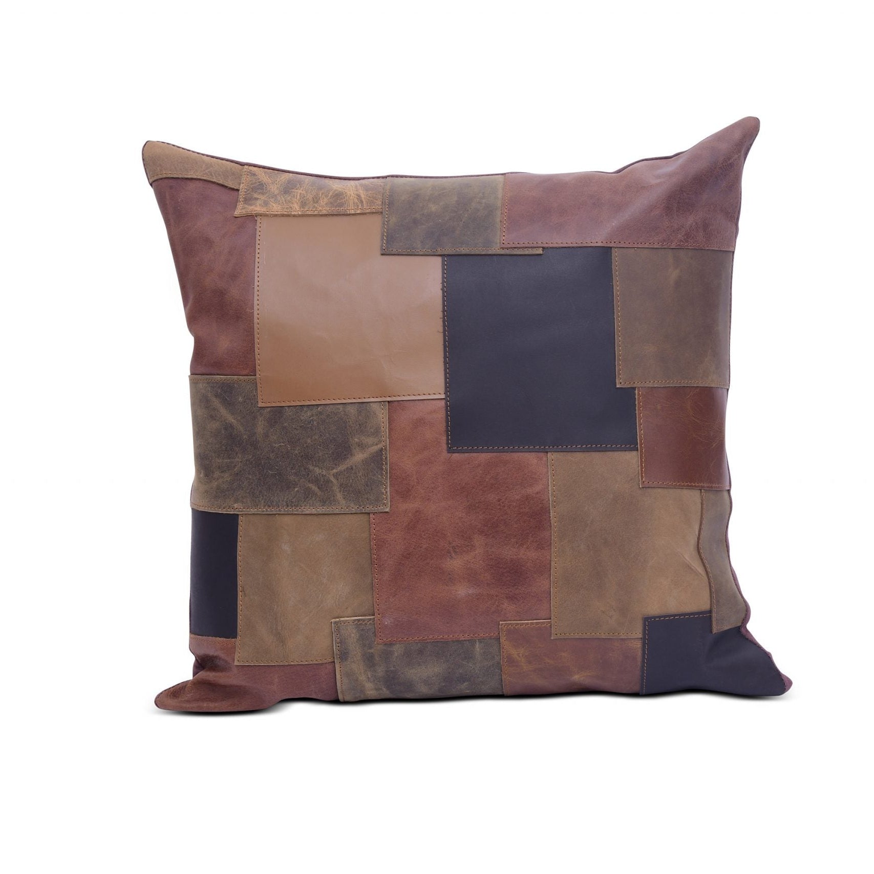 Tan Leather Cushion Cover - Mixed Patches for Style